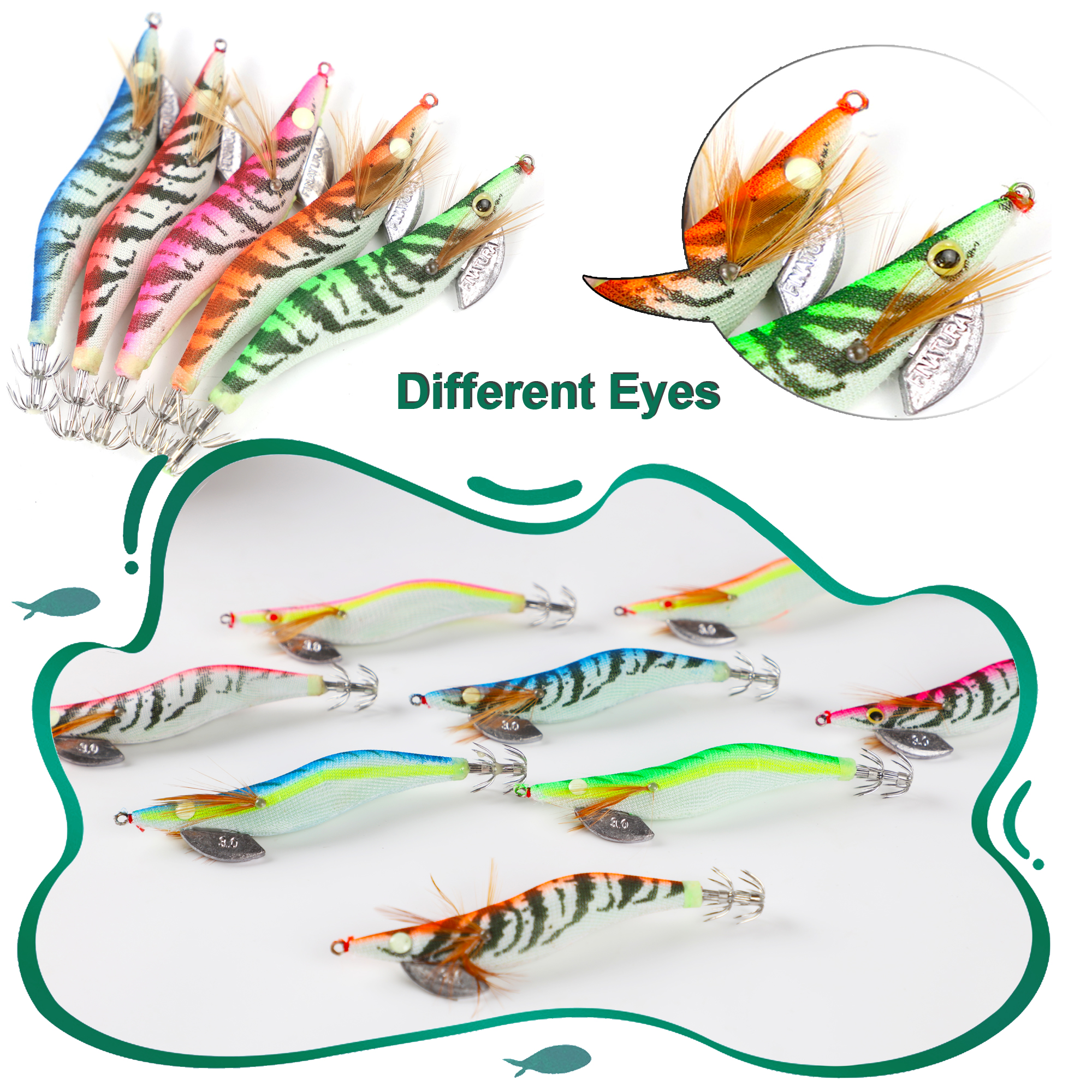 FREE FISHER Fishing Squid Jigs 12.5cm 14.5g Saltwater Fishing Lures Luminous Wood Shrimp Prawn with 3D Eyes Fake Glow Bait for Octopus Cuttlefish