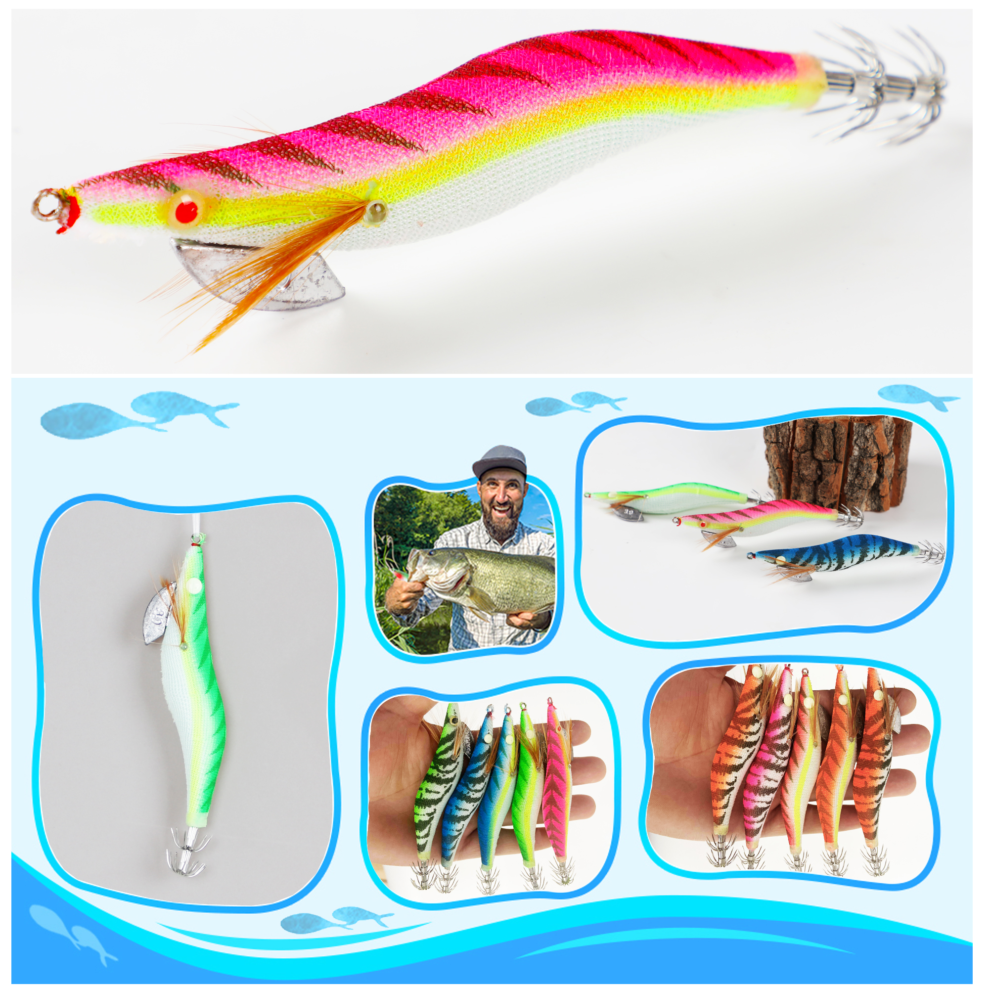 FREE FISHER Fishing Squid Jigs 12.5cm 14.5g Saltwater Fishing Lures Luminous Wood Shrimp Prawn with 3D Eyes Fake Glow Bait for Octopus Cuttlefish