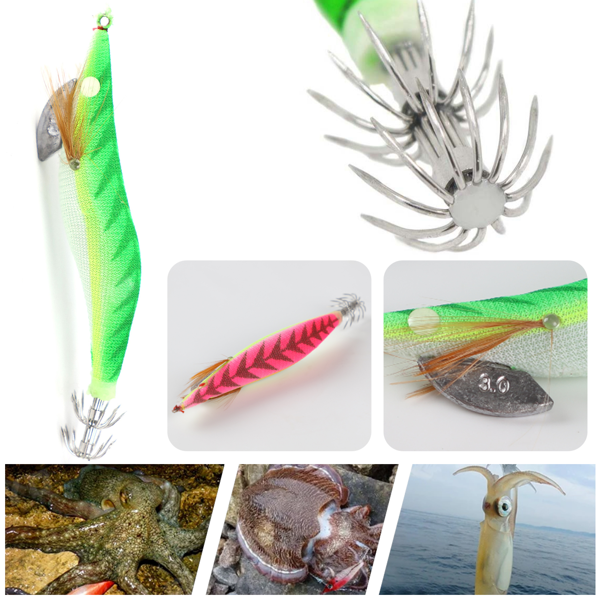 FREE FISHER Fishing Squid Jigs 12.5cm 14.5g Saltwater Fishing Lures Luminous Wood Shrimp Prawn with 3D Eyes Fake Glow Bait for Octopus Cuttlefish