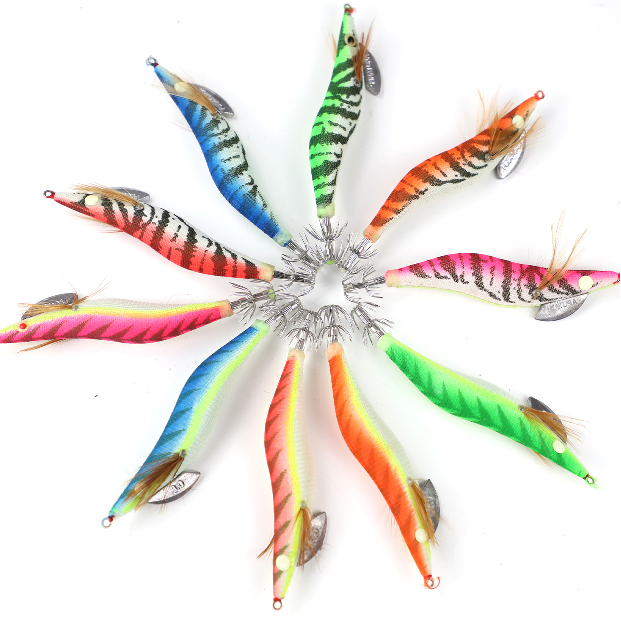 FREE FISHER Fishing Squid Jigs 12.5cm 14.5g Saltwater Fishing Lures Luminous Wood Shrimp Prawn with 3D Eyes Fake Glow Bait for Octopus Cuttlefish
