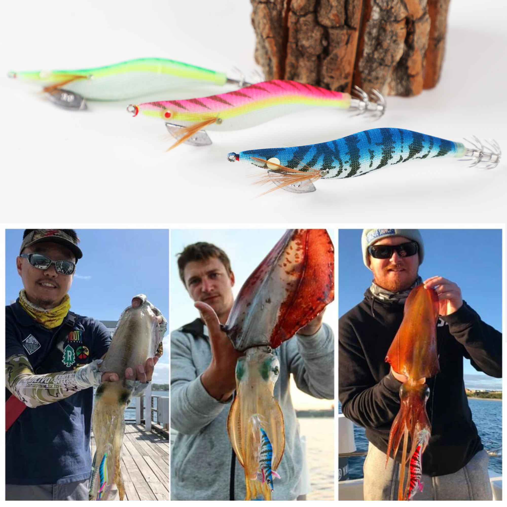 FREE FISHER Fishing Squid Jigs 12.5cm 14.5g Saltwater Fishing Lures Luminous Wood Shrimp Prawn with 3D Eyes Fake Glow Bait for Octopus Cuttlefish