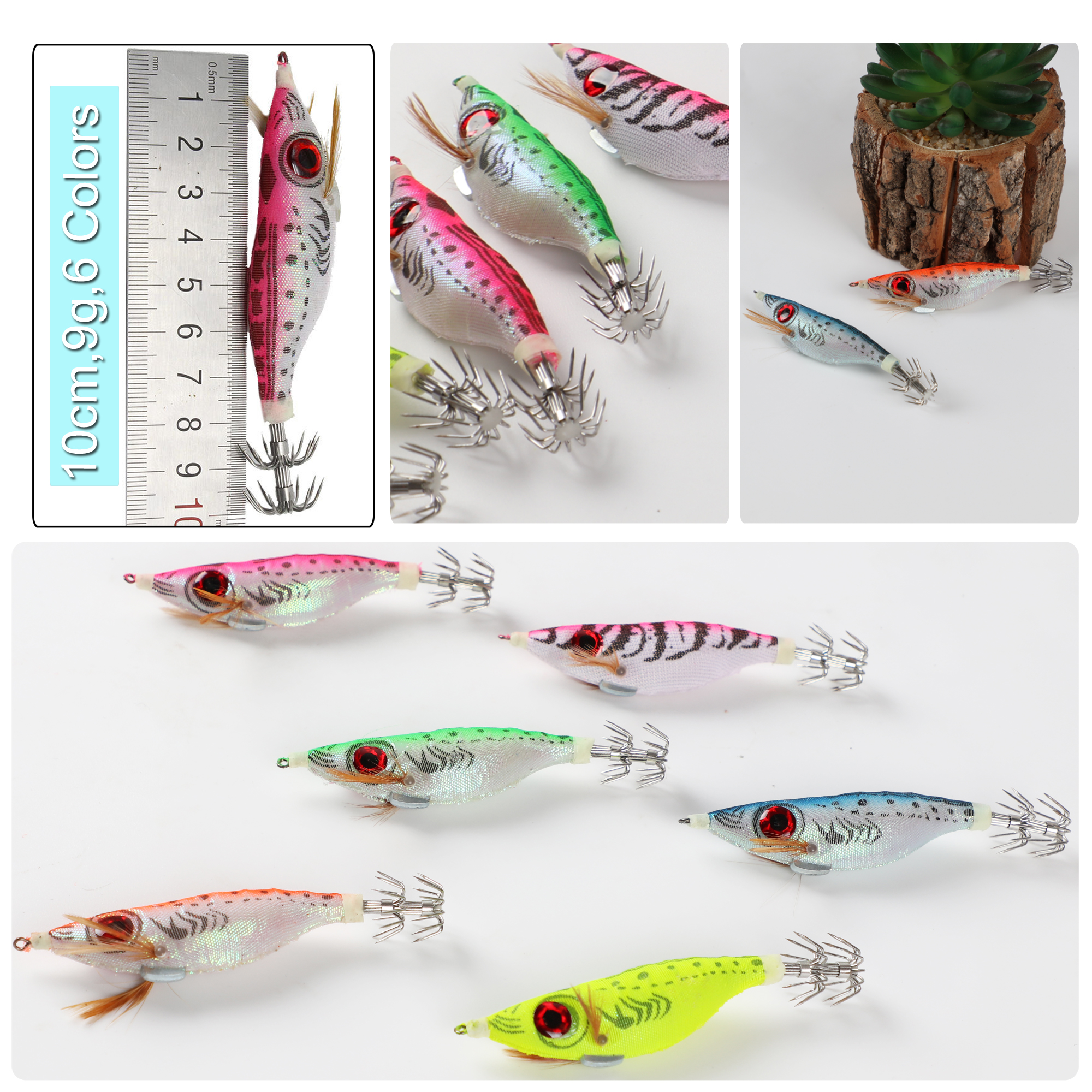 FREE FISHER 6pcs/Lot Fishing Squid Jigs 10.1cm 9g Luminous Cuttlefish Hooks Set Artificial Hard Lures Prawn Glow Wood Shrimp Octopus Baits for Sea Fishing