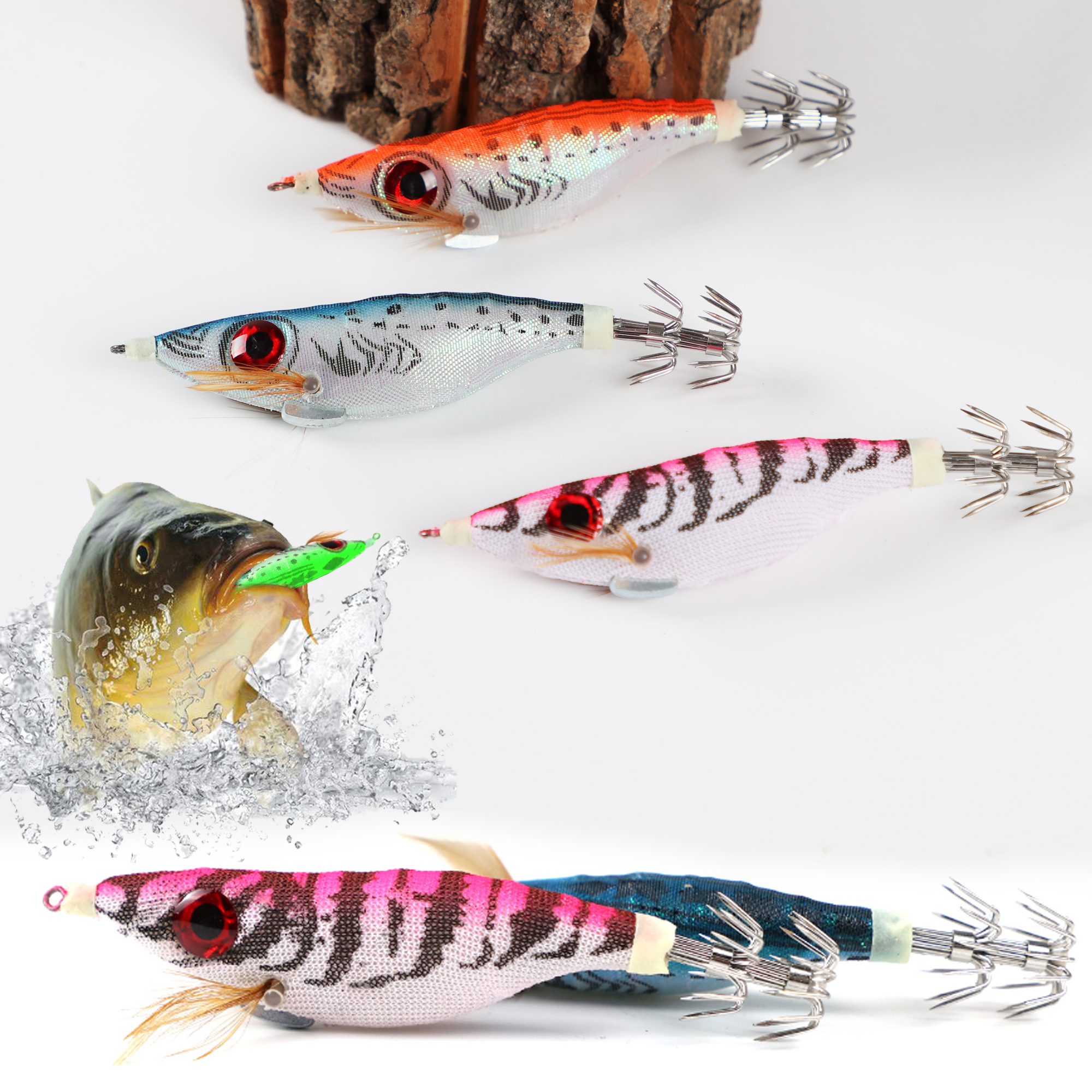 FREE FISHER 6pcs/Lot Fishing Squid Jigs 10.1cm 9g Luminous Cuttlefish Hooks Set Artificial Hard Lures Prawn Glow Wood Shrimp Octopus Baits for Sea Fishing