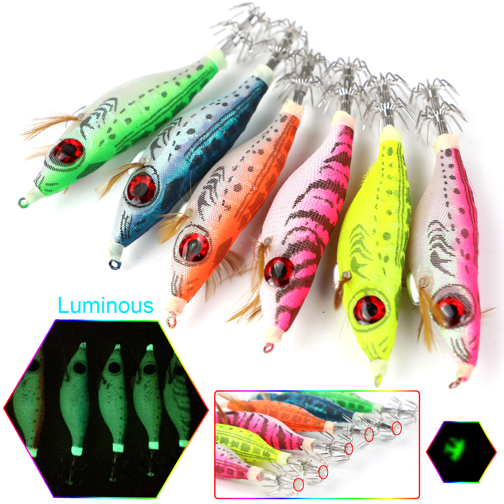 FREE FISHER 6pcs/Lot Fishing Squid Jigs 10.1cm 9g Luminous Cuttlefish Hooks Set Artificial Hard Lures Prawn Glow Wood Shrimp Octopus Baits for Sea Fishing