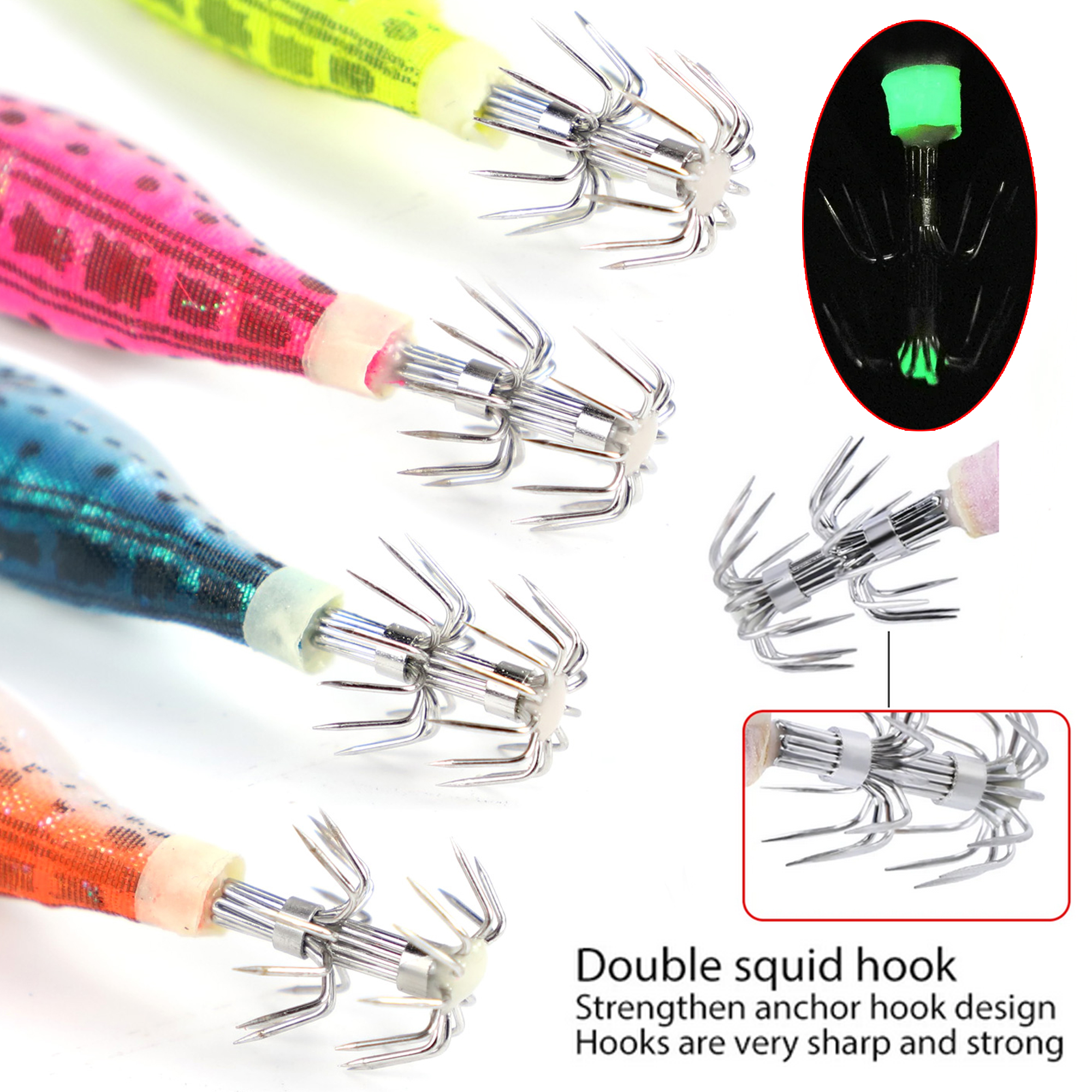 FREE FISHER 6pcs/Lot Fishing Squid Jigs 10.1cm 9g Luminous Cuttlefish Hooks Set Artificial Hard Lures Prawn Glow Wood Shrimp Octopus Baits for Sea Fishing
