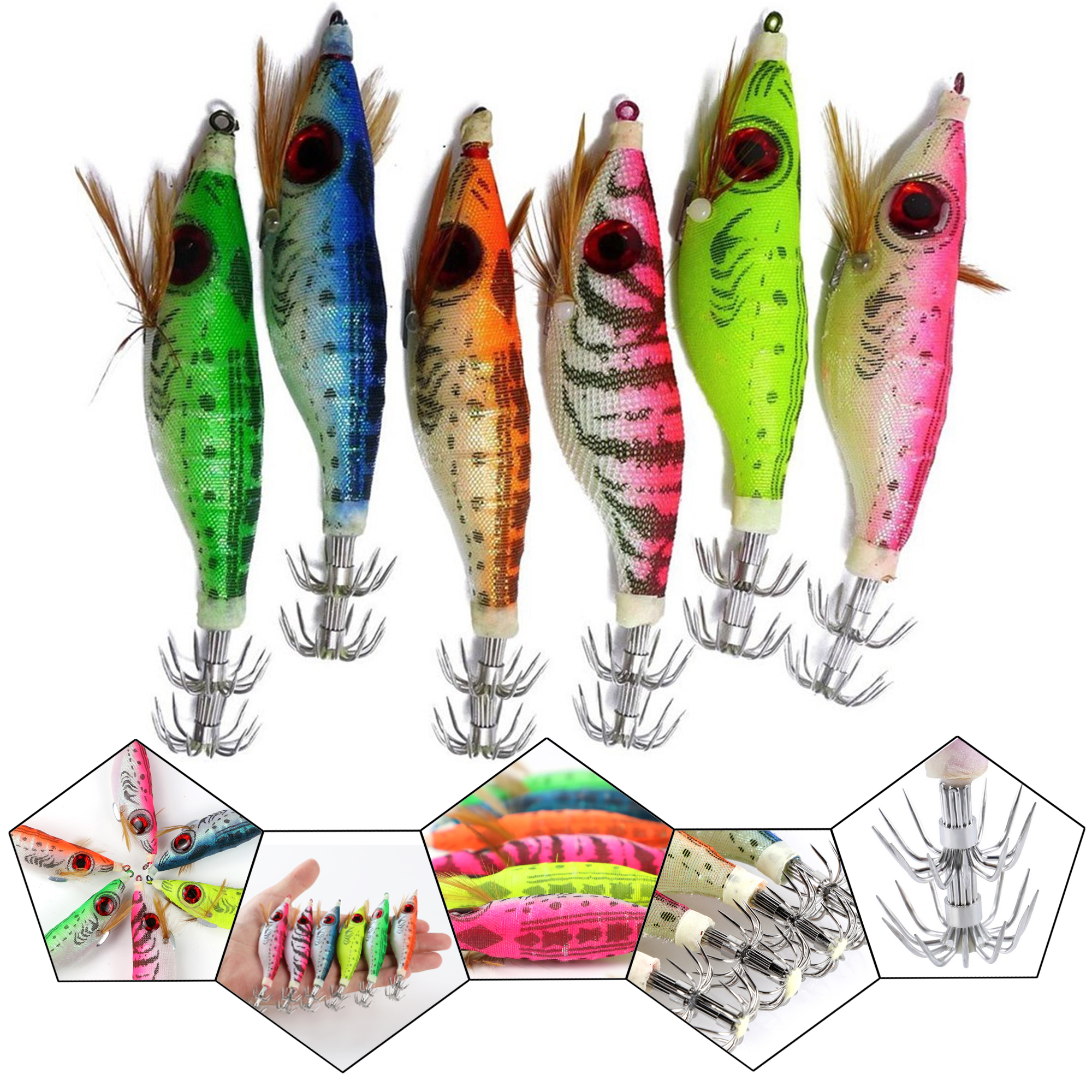 FREE FISHER 6pcs/Lot Fishing Squid Jigs 10.1cm 9g Luminous Cuttlefish Hooks Set Artificial Hard Lures Prawn Glow Wood Shrimp Octopus Baits for Sea Fishing