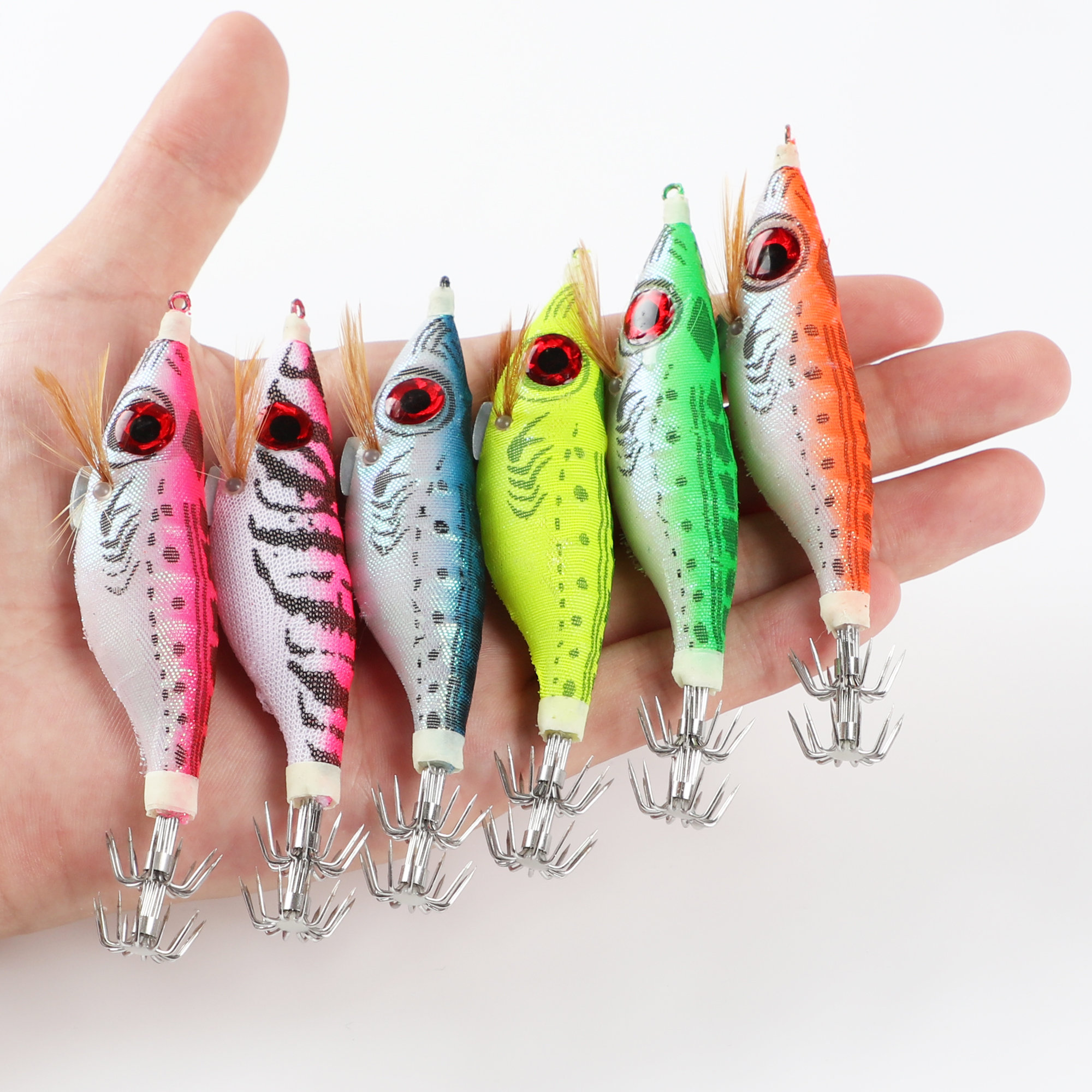 FREE FISHER 6pcs/Lot Fishing Squid Jigs 10.1cm 9g Luminous Cuttlefish Hooks Set Artificial Hard Lures Prawn Glow Wood Shrimp Octopus Baits for Sea Fishing