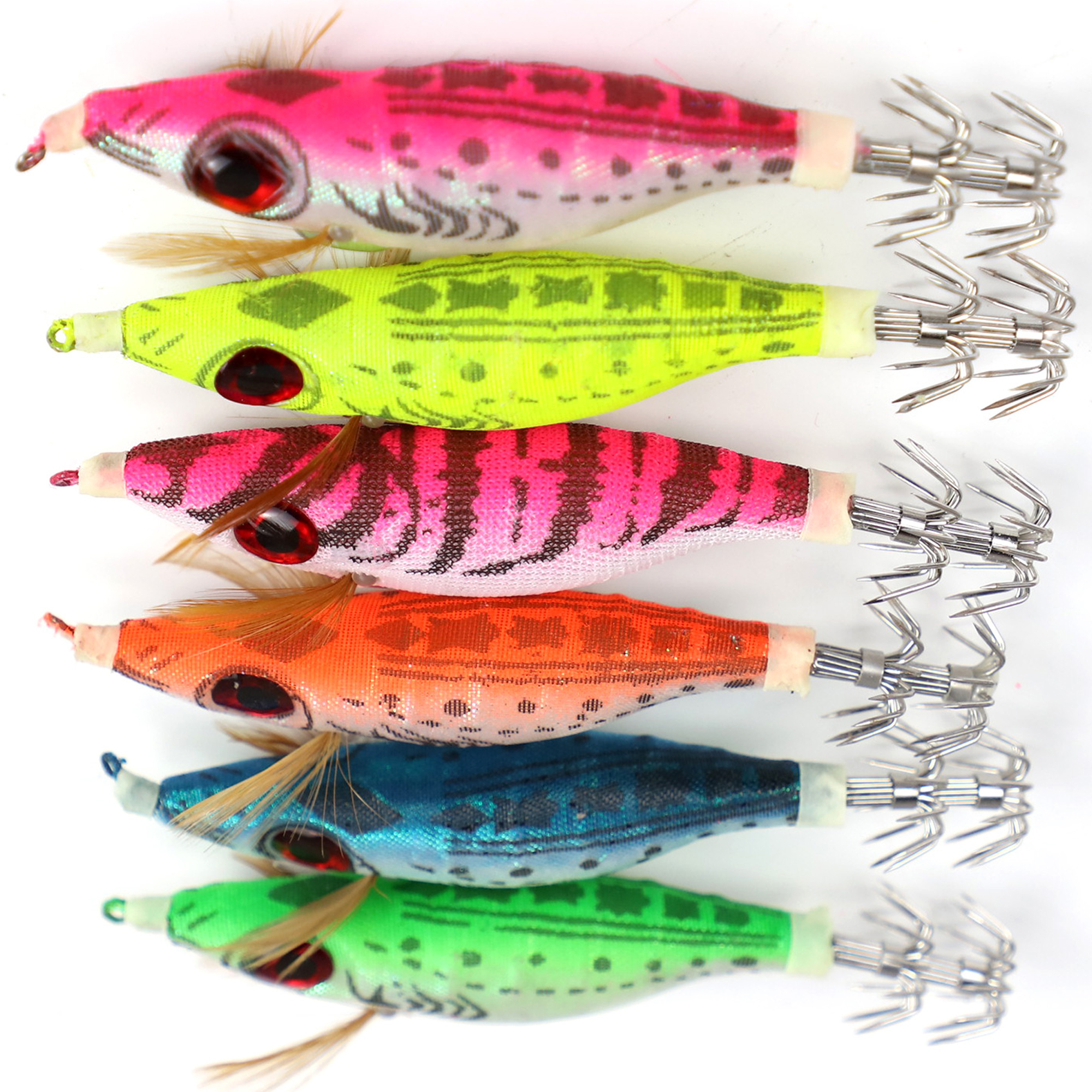 FREE FISHER 6pcs/Lot Fishing Squid Jigs 10.1cm 9g Luminous Cuttlefish Hooks Set Artificial Hard Lures Prawn Glow Wood Shrimp Octopus Baits for Sea Fishing