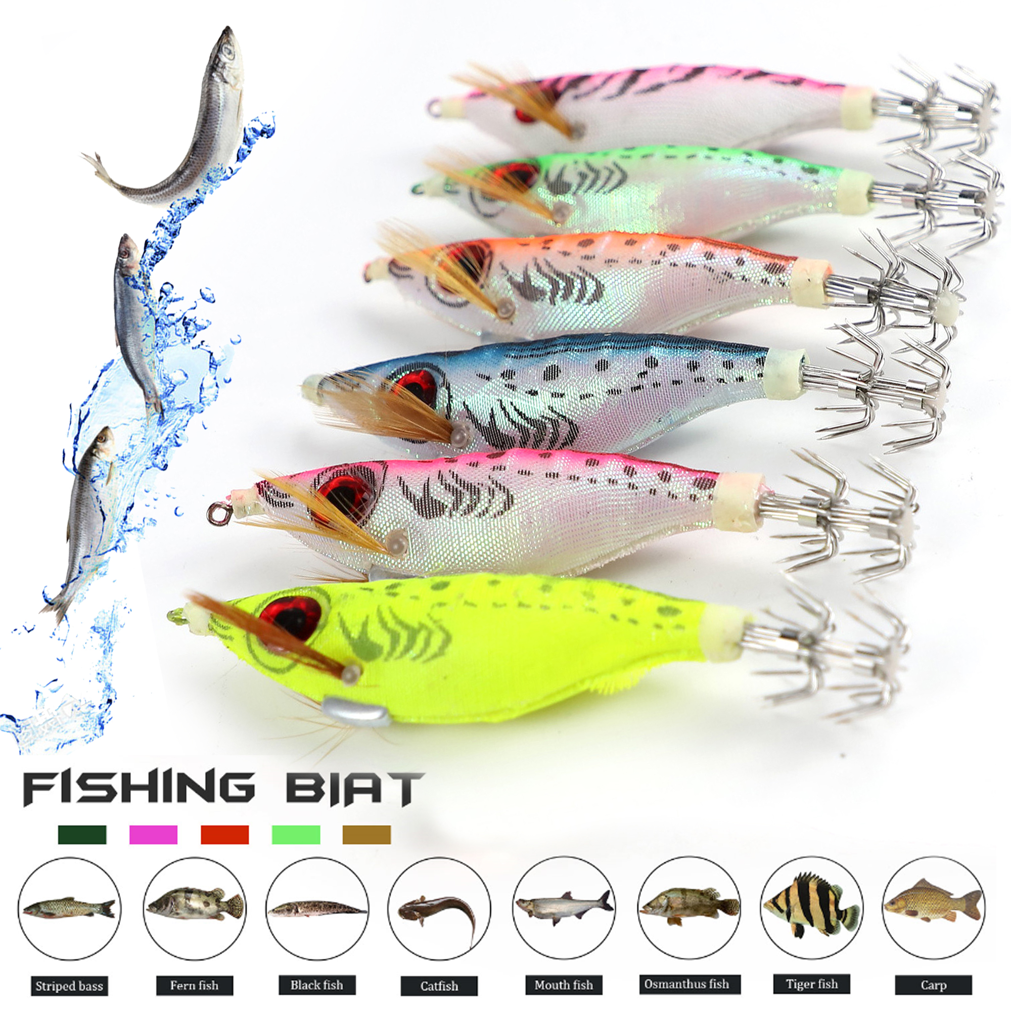 FREE FISHER 6pcs/Lot Fishing Squid Jigs 10.1cm 9g Luminous Cuttlefish Hooks Set Artificial Hard Lures Prawn Glow Wood Shrimp Octopus Baits for Sea Fishing