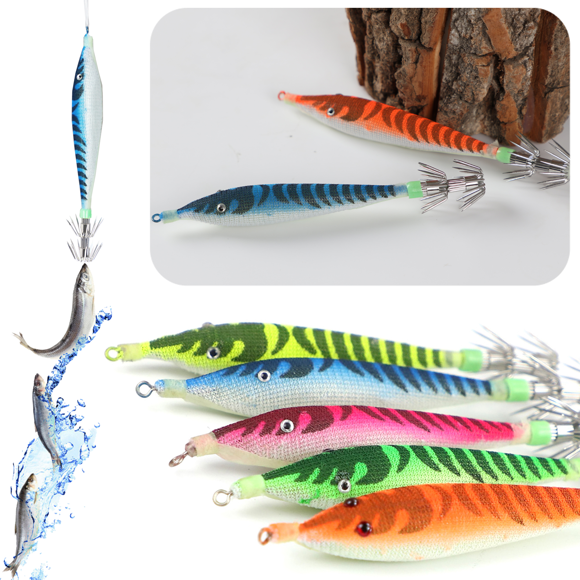 FREE FISHER 24Pcs/lot Fishing Squids Jigs Shrimp Hard Lures Octopus Cuttlefish Artificial Sharp Luminous Squid Hooks Prawn Lures for Sea Fishing Tackle
