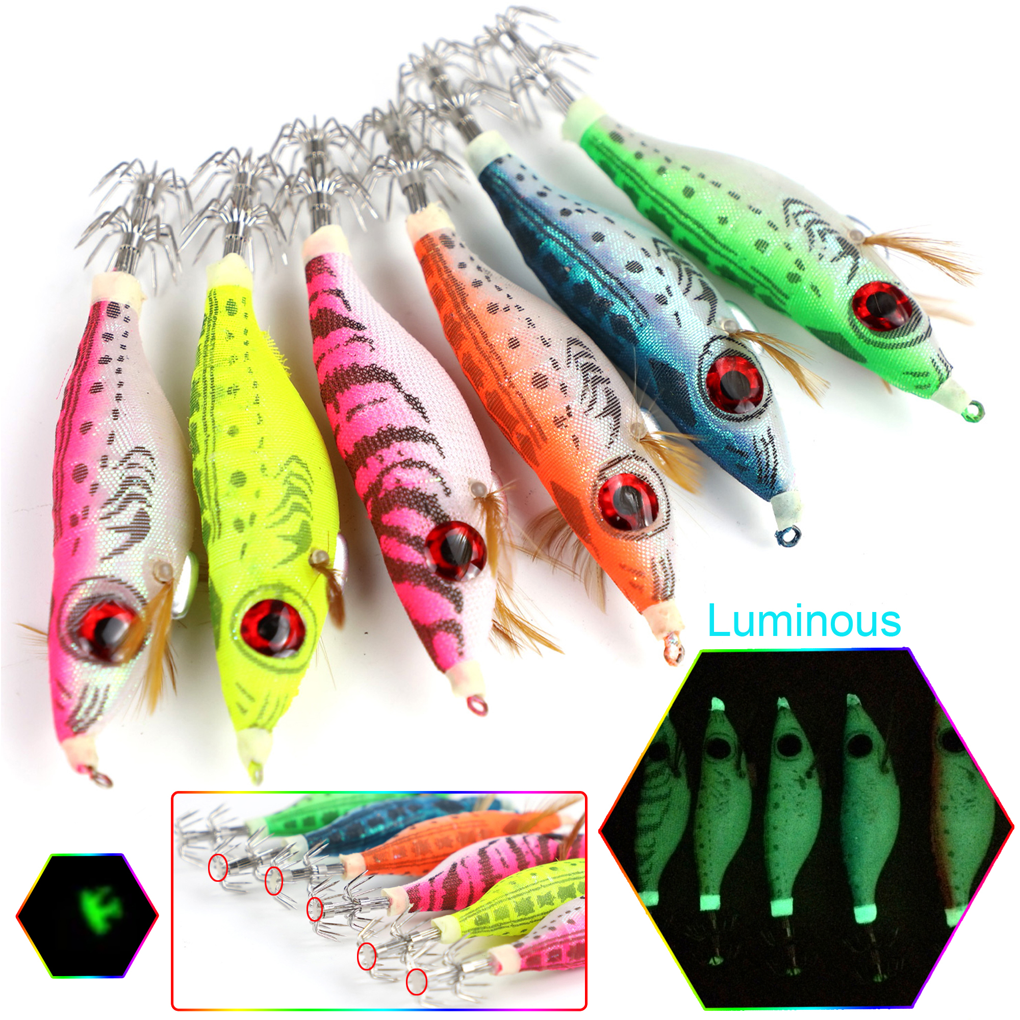 FREE FISHER 24Pcs/lot Fishing Squids Jigs Shrimp Hard Lures Octopus Cuttlefish Artificial Sharp Luminous Squid Hooks Prawn Lures for Sea Fishing Tackle