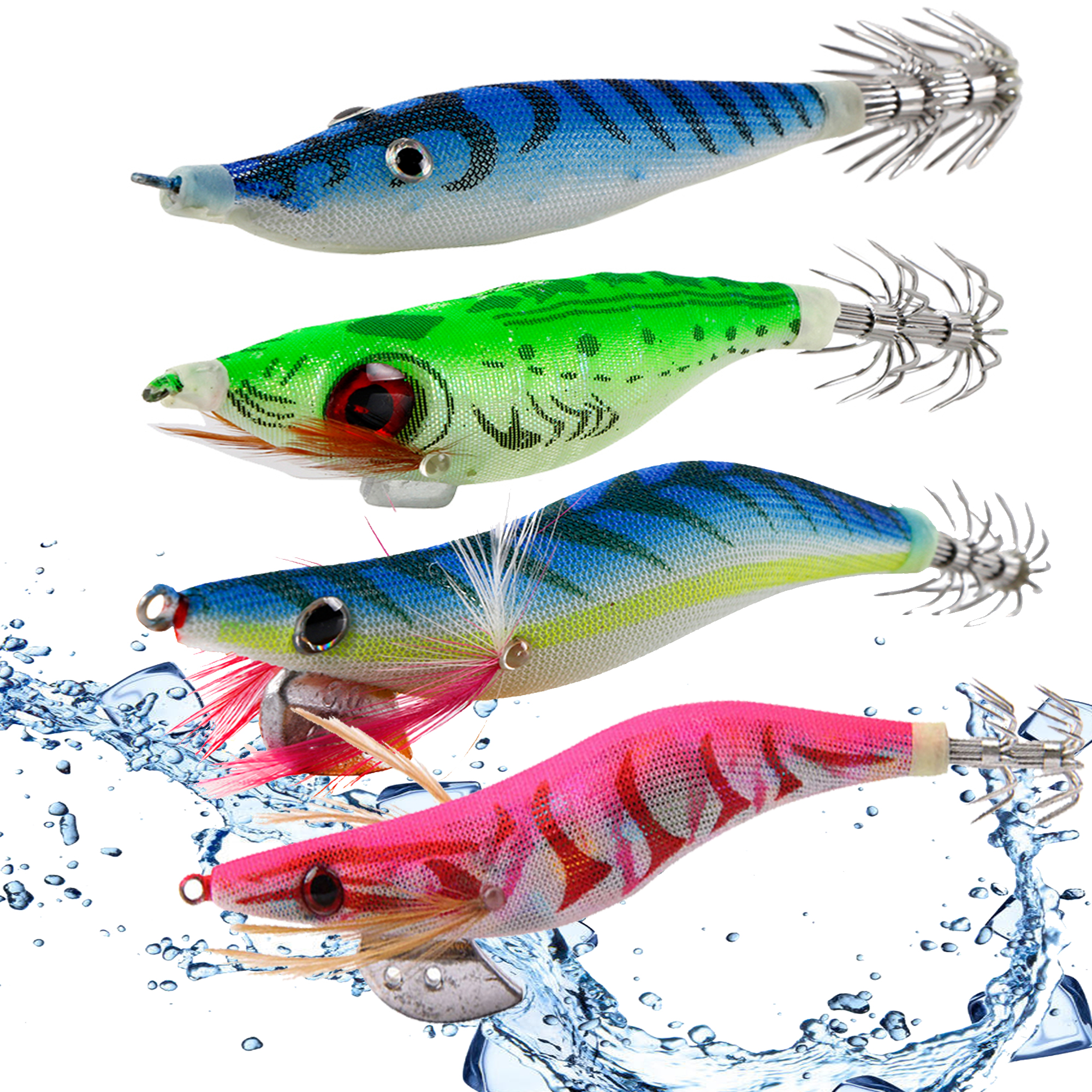 FREE FISHER 24Pcs/lot Fishing Squids Jigs Shrimp Hard Lures Octopus Cuttlefish Artificial Sharp Luminous Squid Hooks Prawn Lures for Sea Fishing Tackle