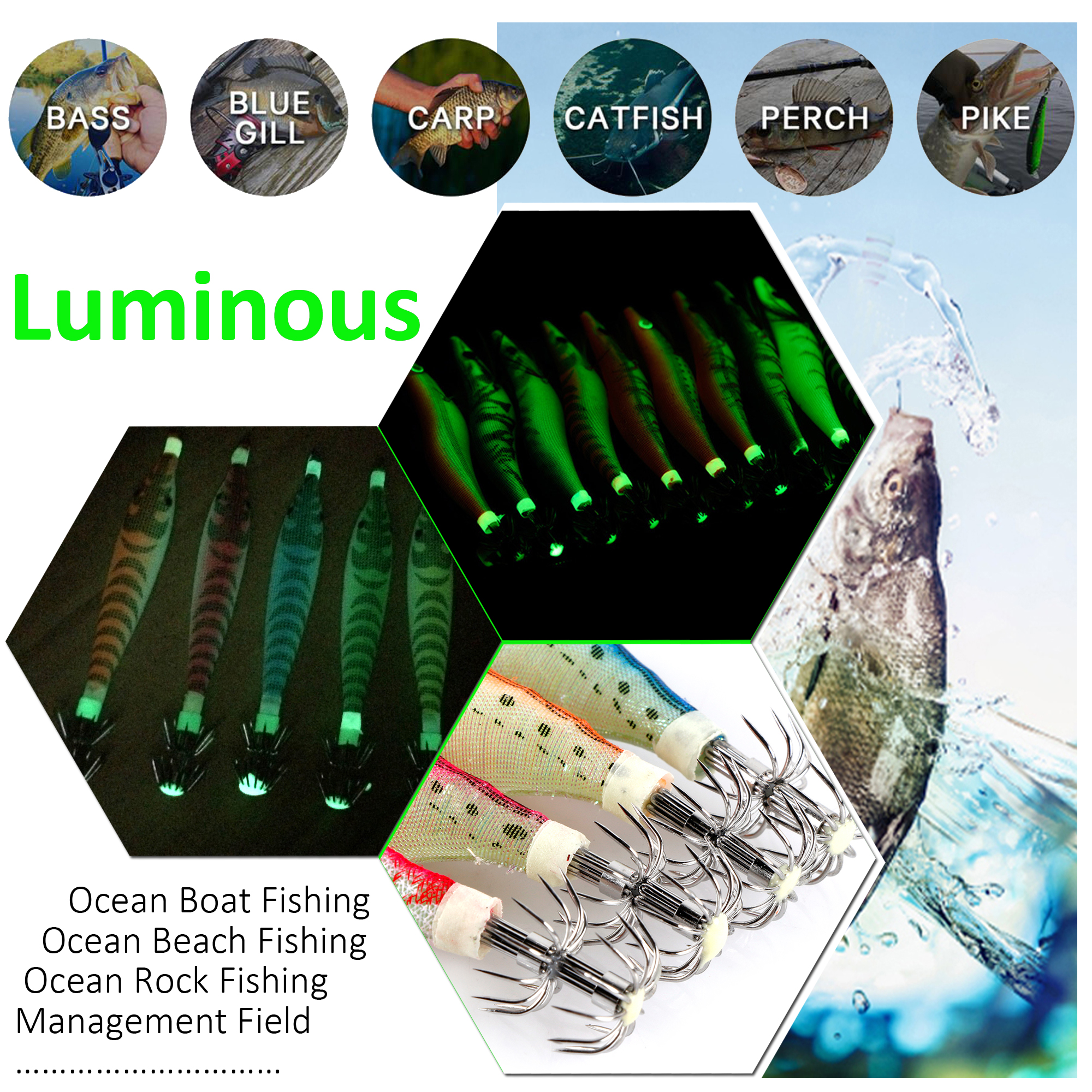 FREE FISHER 24Pcs/lot Fishing Squids Jigs Shrimp Hard Lures Octopus Cuttlefish Artificial Sharp Luminous Squid Hooks Prawn Lures for Sea Fishing Tackle