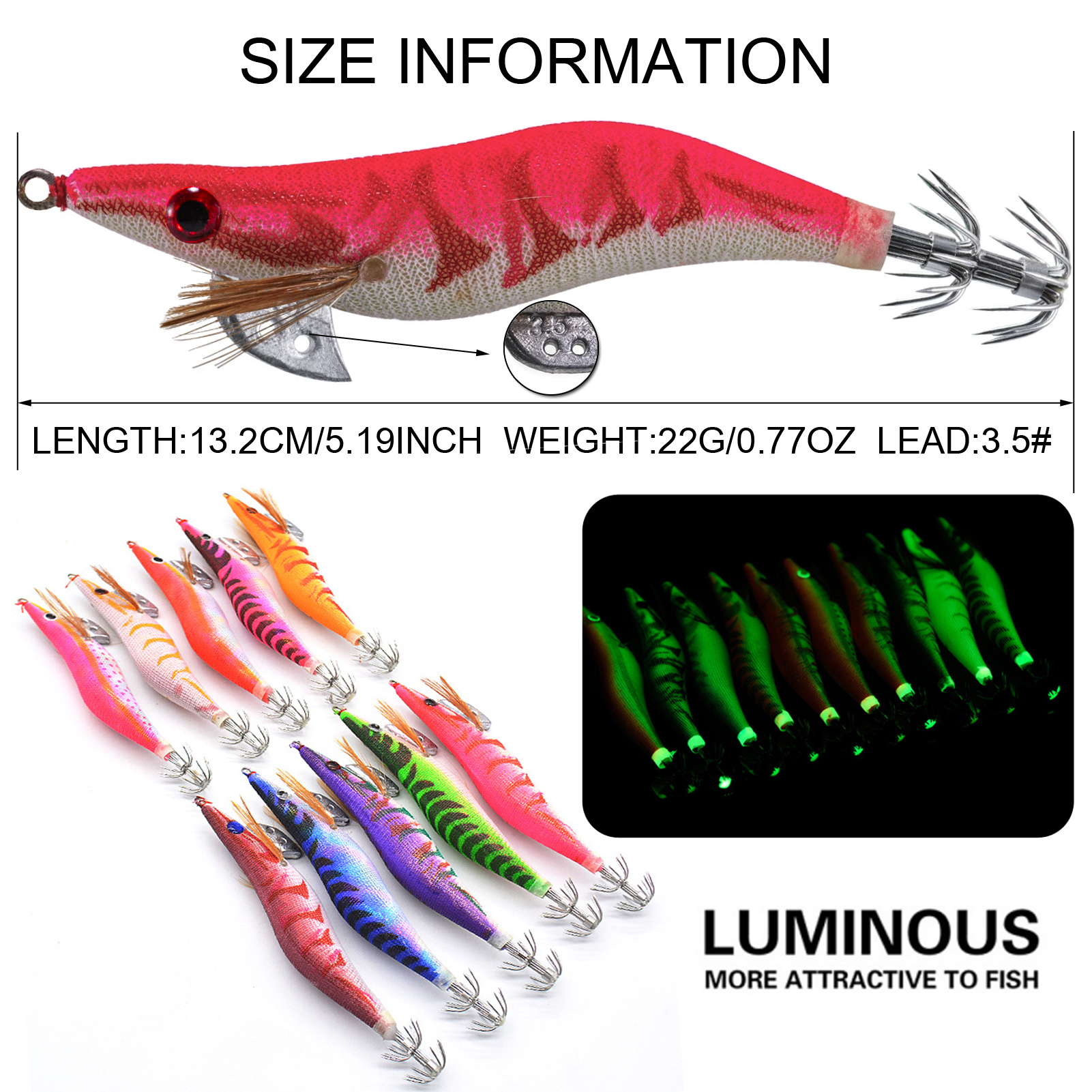 FREE FISHER 10Pcs Luminous Saltwater Squid Jig 30g Cuttlefish Fishing Lure Bait with Umbrella Hook Wood Shrimp Fishing Squid Jig Hooks 3.5#