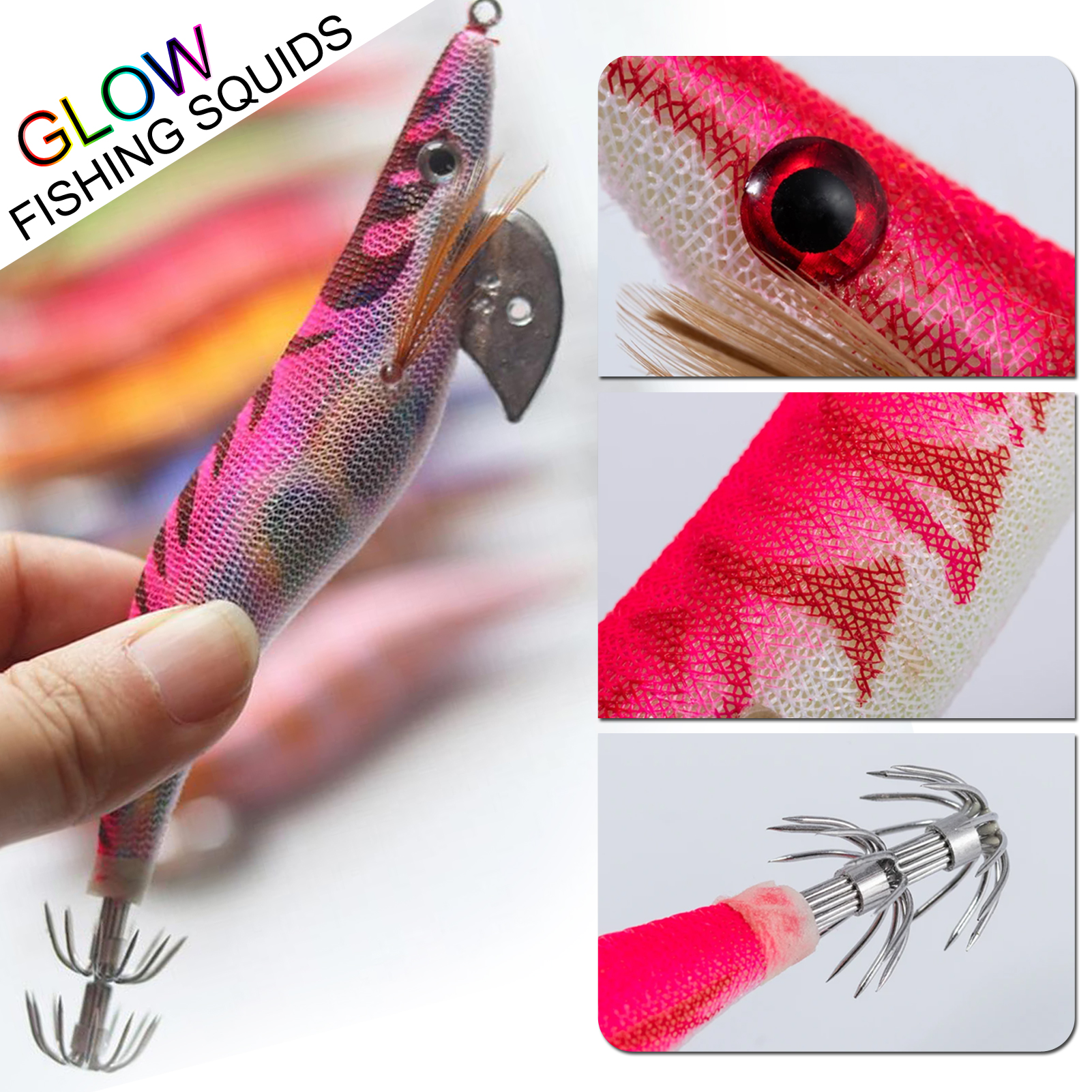 FREE FISHER 10Pcs Luminous Saltwater Squid Jig 30g Cuttlefish Fishing Lure Bait with Umbrella Hook Wood Shrimp Fishing Squid Jig Hooks 3.5#