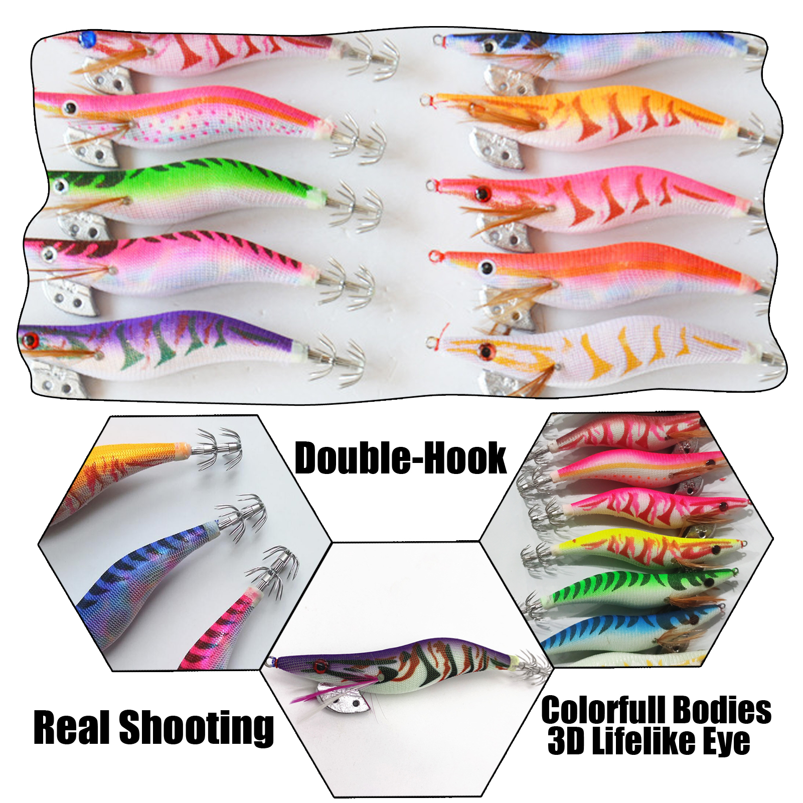 FREE FISHER 10Pcs Luminous Saltwater Squid Jig 30g Cuttlefish Fishing Lure Bait with Umbrella Hook Wood Shrimp Fishing Squid Jig Hooks 3.5#