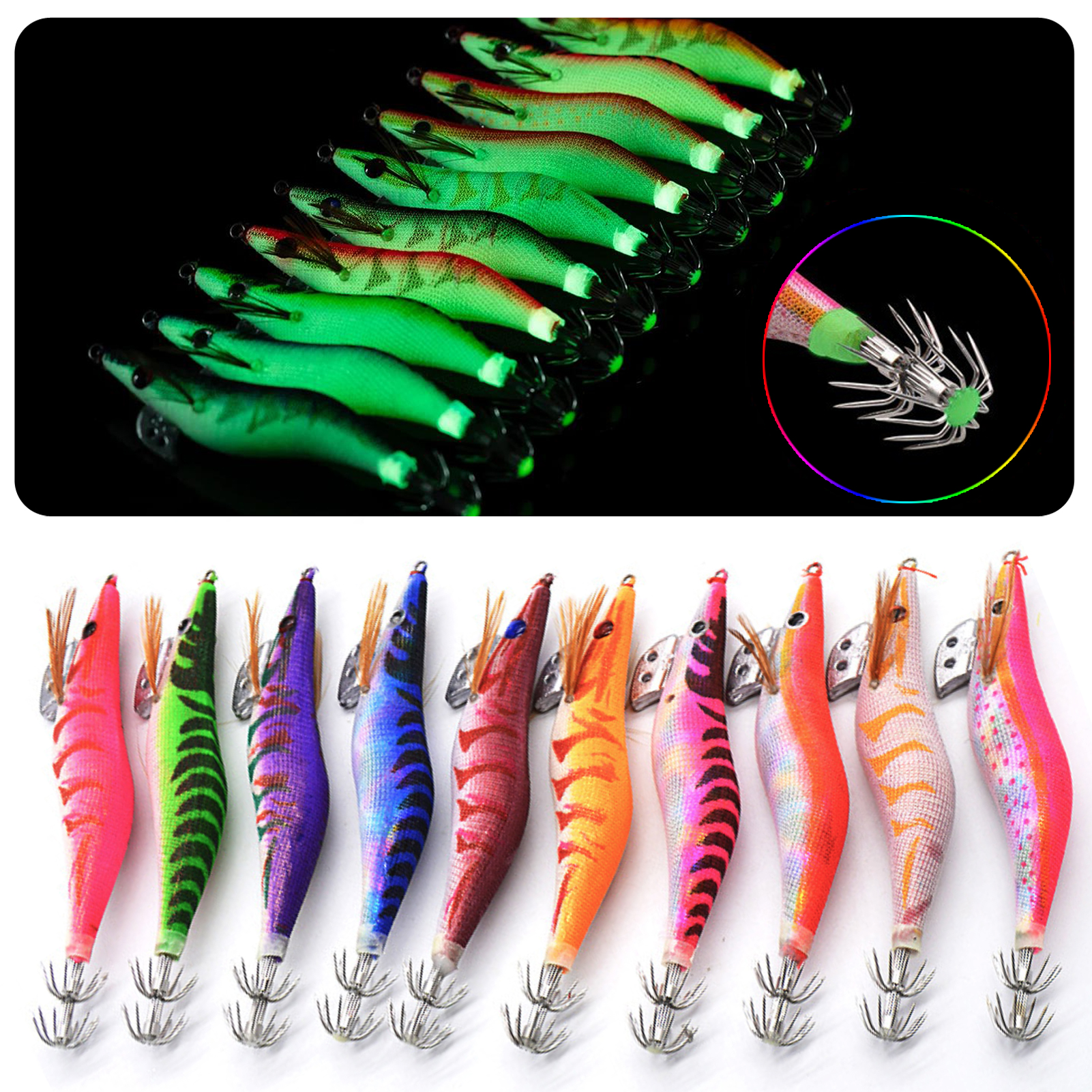 FREE FISHER 10Pcs Luminous Saltwater Squid Jig 30g Cuttlefish Fishing Lure Bait with Umbrella Hook Wood Shrimp Fishing Squid Jig Hooks 3.5#