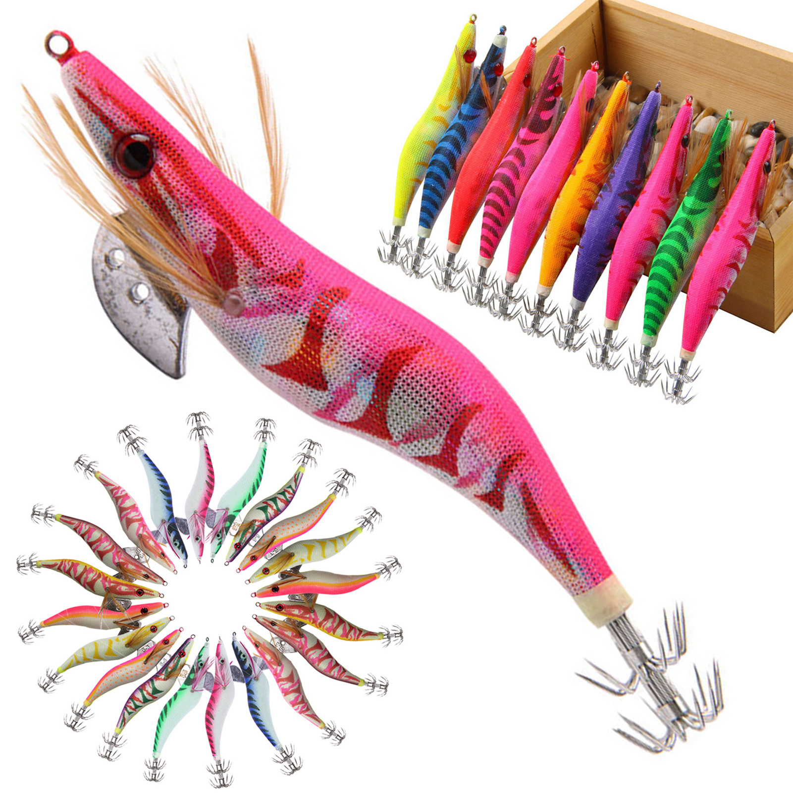 FREE FISHER 10Pcs Luminous Saltwater Squid Jig 30g Cuttlefish Fishing Lure Bait with Umbrella Hook Wood Shrimp Fishing Squid Jig Hooks 3.5#