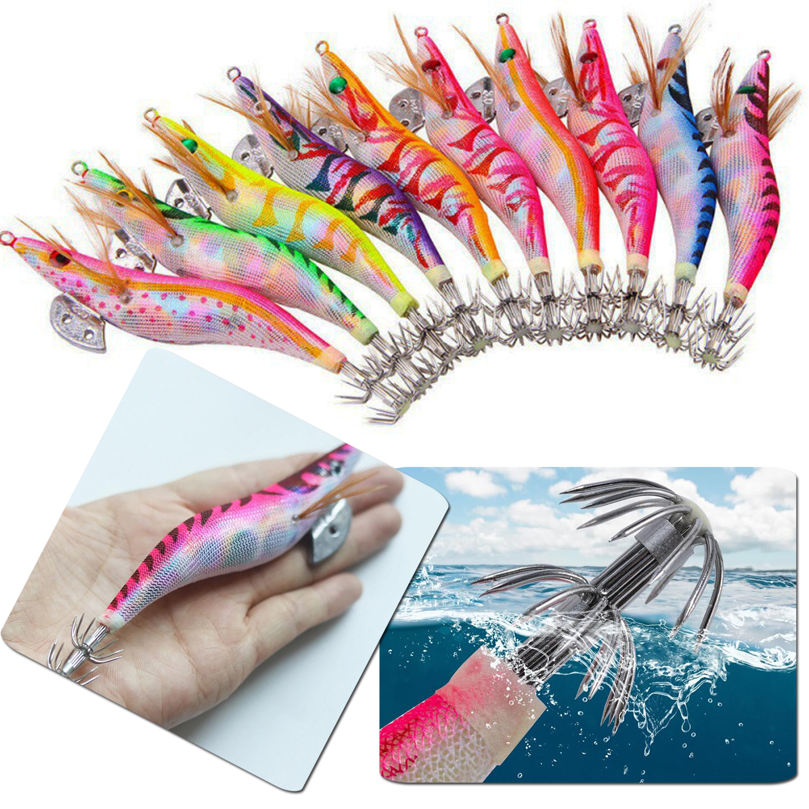 FREE FISHER 10Pcs Luminous Saltwater Squid Jig 30g Cuttlefish Fishing Lure Bait with Umbrella Hook Wood Shrimp Fishing Squid Jig Hooks 3.5#