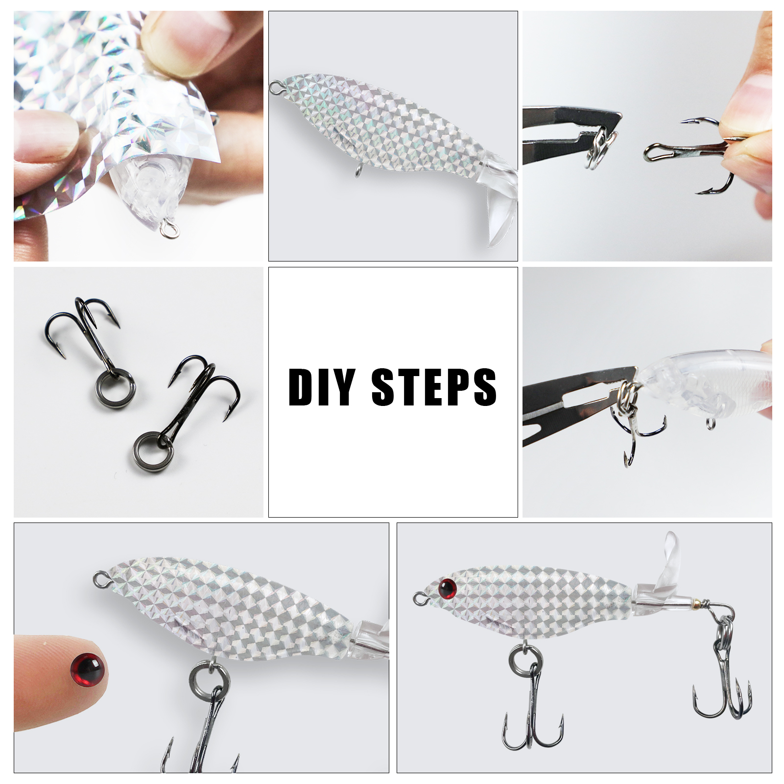 FREE FISHER Fishing Hooks Kit,192pcs/Box 35647 Treble Hooks,Swivel Rings,Spinnerbaits Spoons Laser Stickers,Hard Lure 3D Eyes