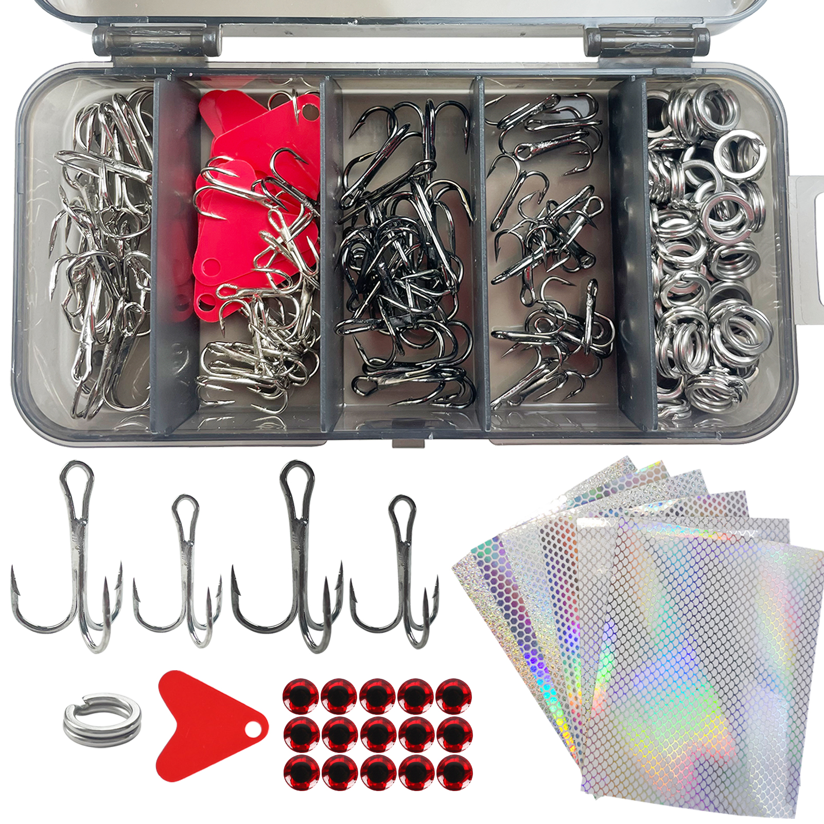 FREE FISHER Fishing Hooks Kit,192pcs/Box 35647 Treble Hooks,Swivel Rings,Spinnerbaits Spoons Laser Stickers,Hard Lure 3D Eyes