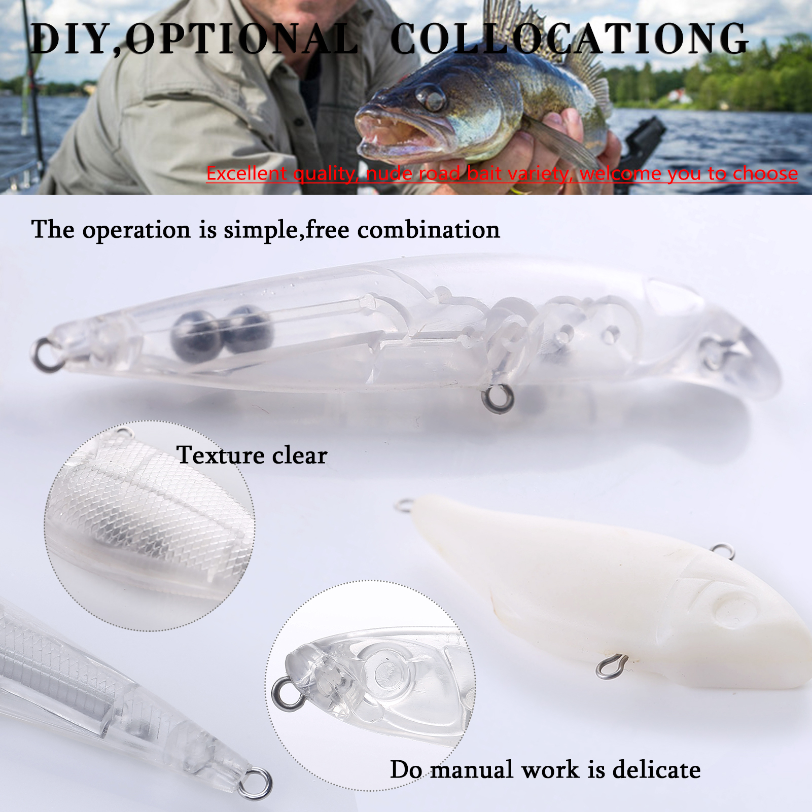 FREE FISHER 172pcs Fishing Blank Bait Kit,Mixed Unpainted Lure Embryo,DIY Clear Crankbaits,Minnows Popper VIB with Triple Hooks Connectors