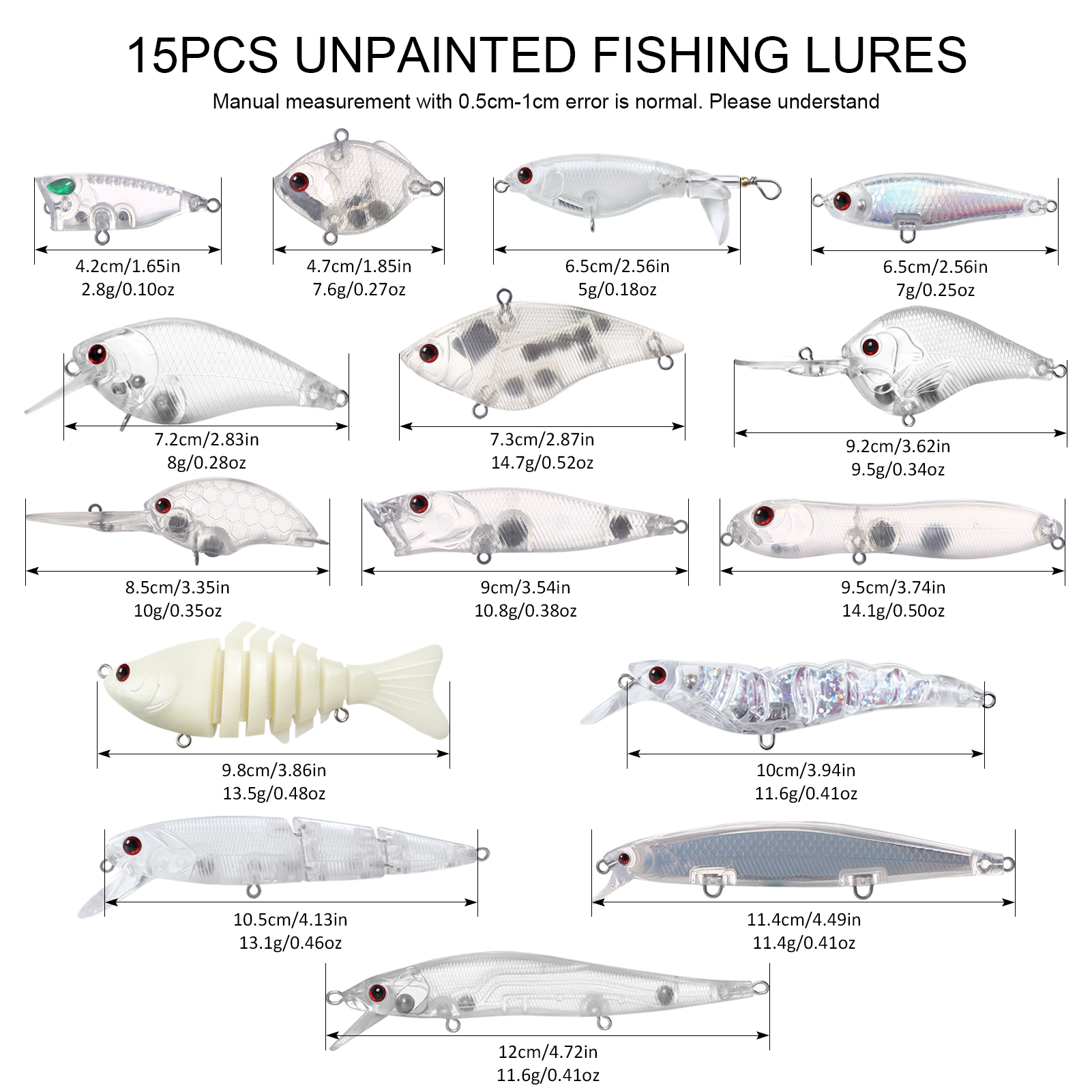 FREE FISHER Mixed Unpainted Lures Kit Fishing Blank Bait Embryo Crankbaits Minnows with Treble Hooks Laser Stickers Connectors Accessory Box