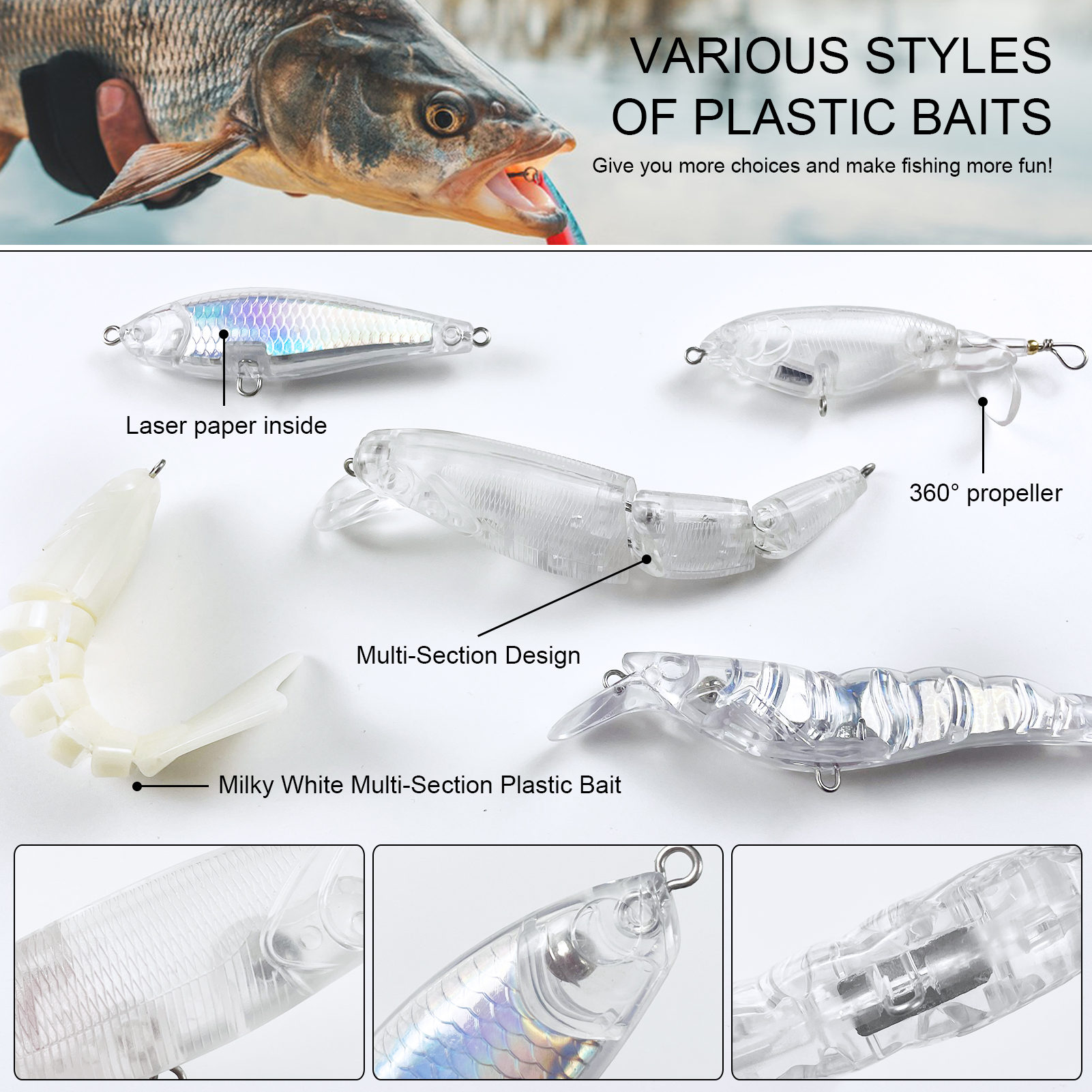 FREE FISHER Mixed Unpainted Lures Kit Fishing Blank Bait Embryo Crankbaits Minnows with Treble Hooks Laser Stickers Connectors Accessory Box