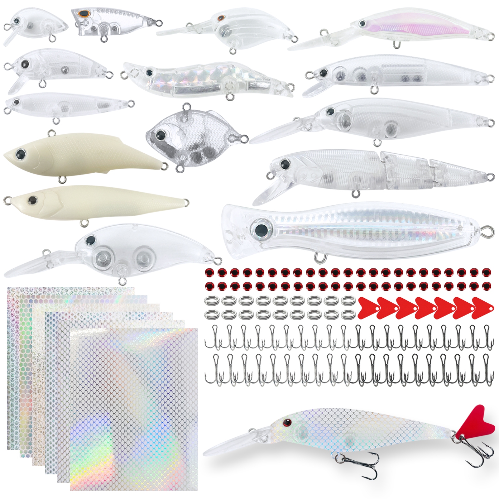 FREE FISHER Unpainted Lures Kit with Hooks,Mixed Minnows Crankbaits,DIY Fishing Blank Baits,Freshwater/Saltwater Accessories Box