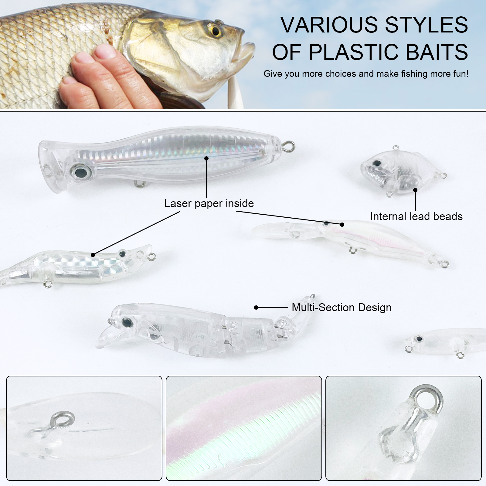 FREE FISHER Unpainted Lures Kit with Hooks,Mixed Minnows Crankbaits,DIY Fishing Blank Baits,Freshwater/Saltwater Accessories Box