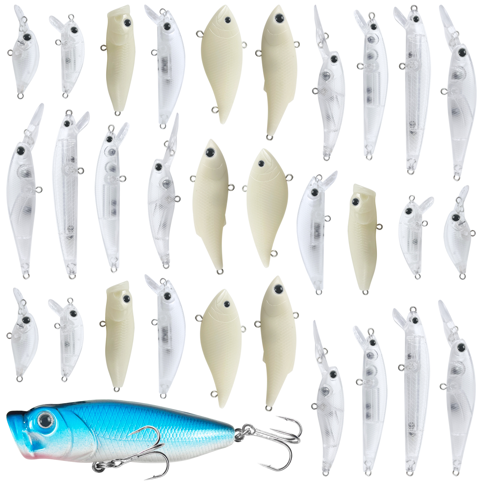 FREE FISHSH Unpainted Lures Kit,30pcs/Lot Fishing Hard Baits,Mixed Minnows VIB Crankbaits Popper,DIY Blank Artificial Fish Baits