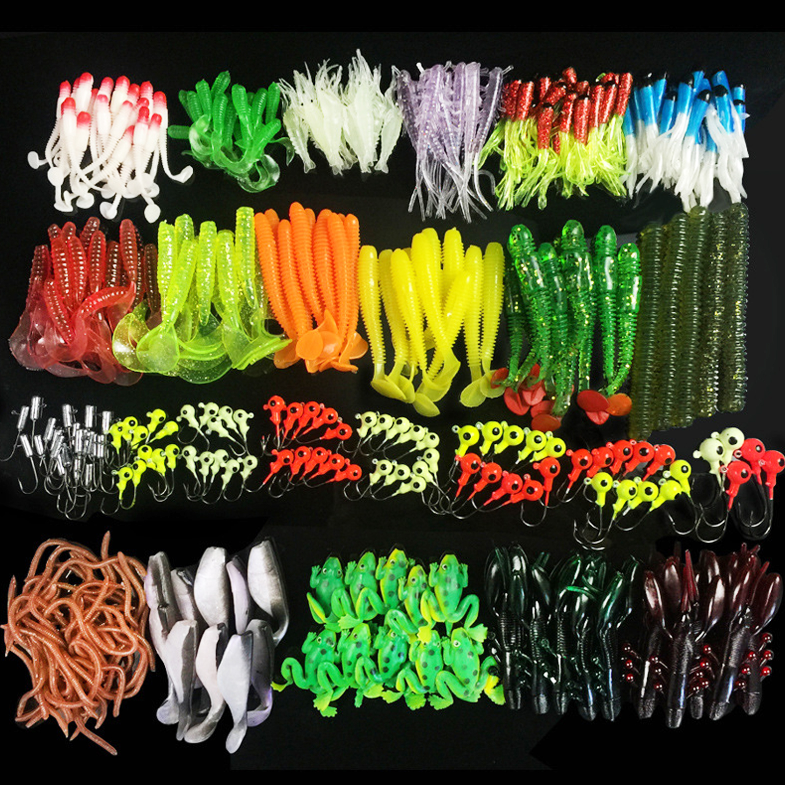 FREE FISHER 301pcs Assorted Bass Soft Fishing Lure Kit Mixed Wrom Shrimps Baits Jigs Lead Head Hooks Fishing Tackle Box for Saltwater/Freshwater