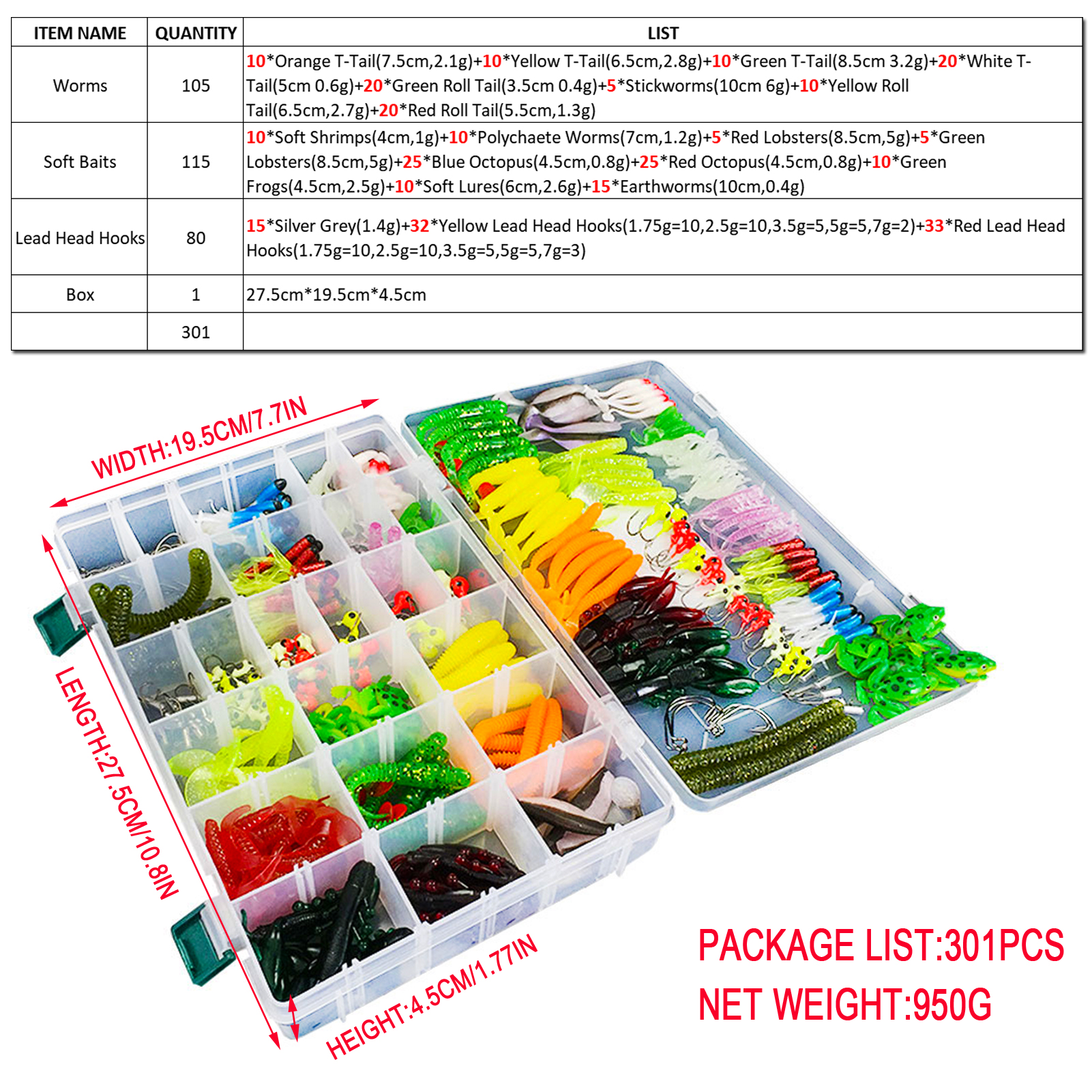 FREE FISHER 301pcs Assorted Bass Soft Fishing Lure Kit Mixed Wrom Shrimps Baits Jigs Lead Head Hooks Fishing Tackle Box for Saltwater/Freshwater
