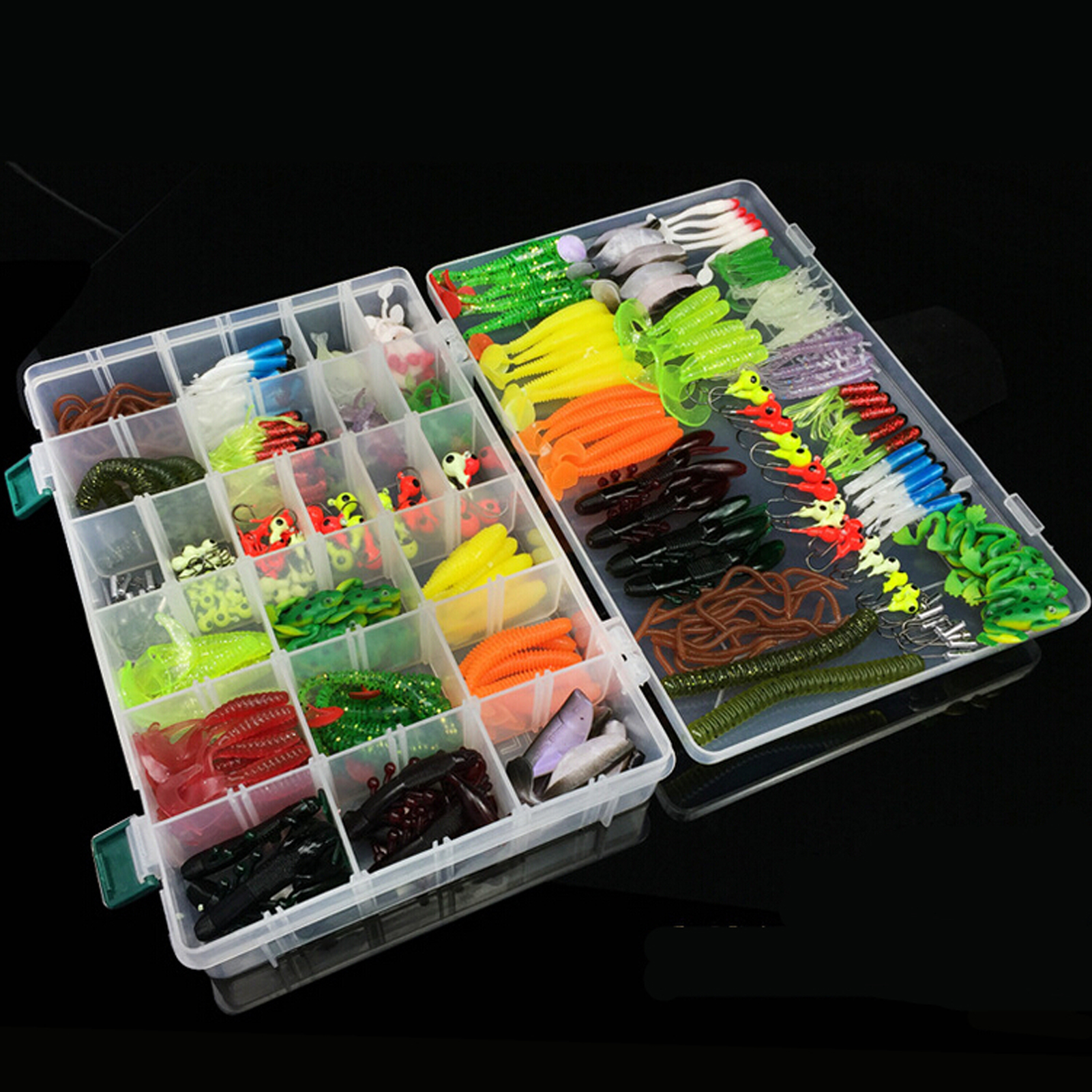 FREE FISHER 301pcs Assorted Bass Soft Fishing Lure Kit Mixed Wrom Shrimps Baits Jigs Lead Head Hooks Fishing Tackle Box for Saltwater/Freshwater