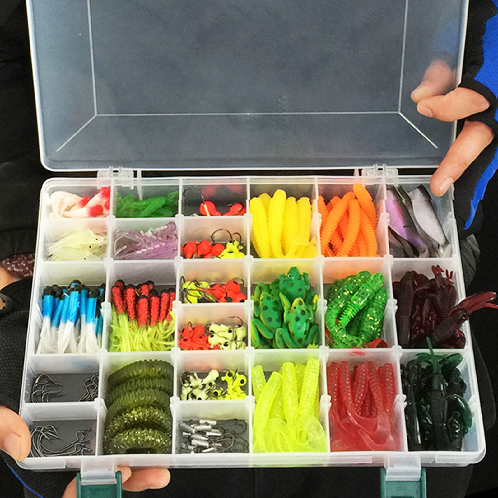 FREE FISHER 301pcs Assorted Bass Soft Fishing Lure Kit Mixed Wrom Shrimps Baits Jigs Lead Head Hooks Fishing Tackle Box for Saltwater/Freshwater