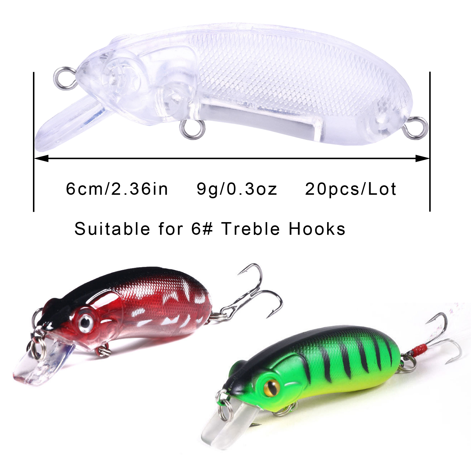 FREE FISHER 20pcs/Lot Unpainted Fishing Plugs,6cm 9g Blank Minnow Lures,DIY Nude Baits Body,Transparent Wobbler Hard Bass Baits 