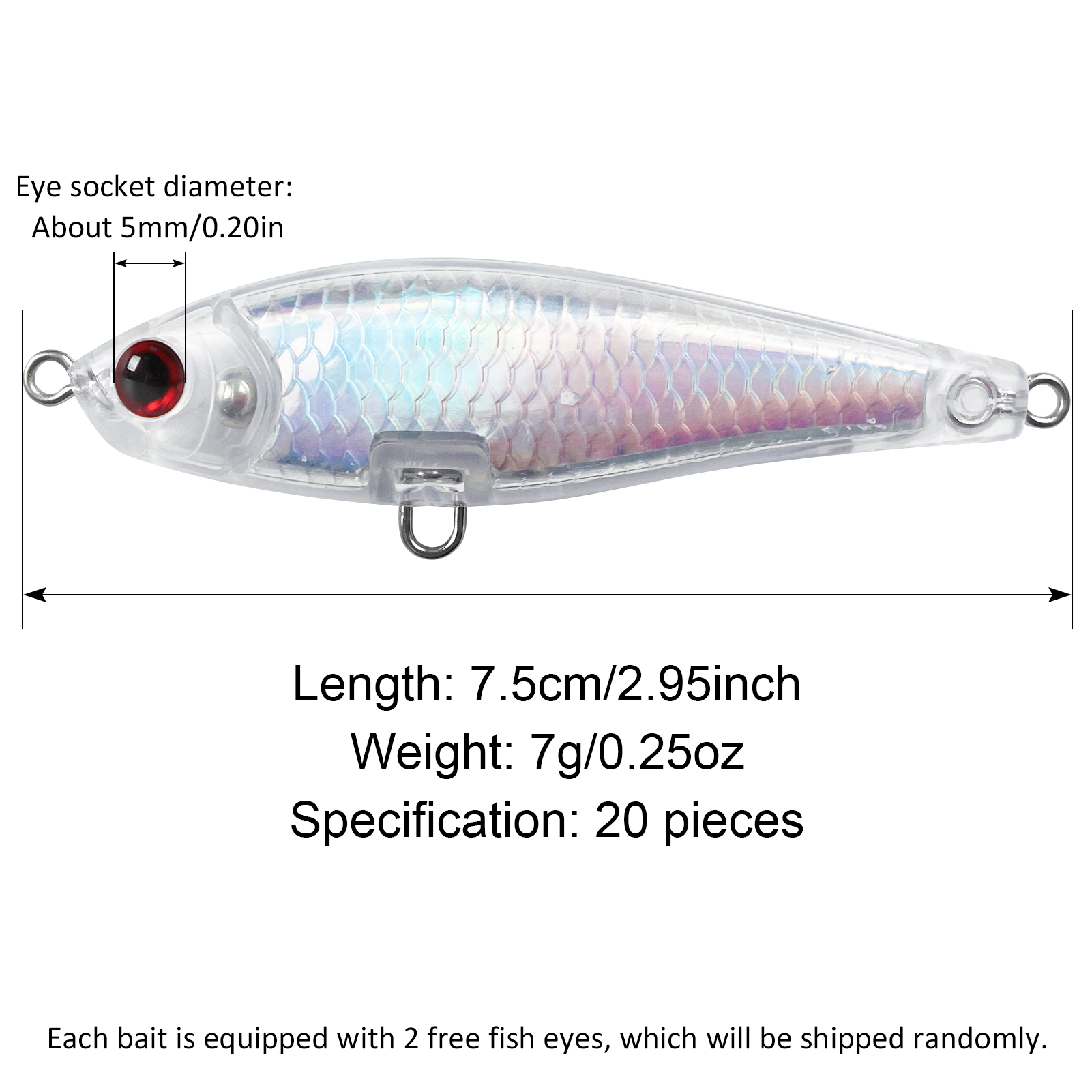 FREE FISHER Fishing Unpainted Lures 20pcs/Lot Laser DIY Blank ABS Holographic Rattles Clear 7.5cm/7g Hard VIB Lures Artificial Crankbaits