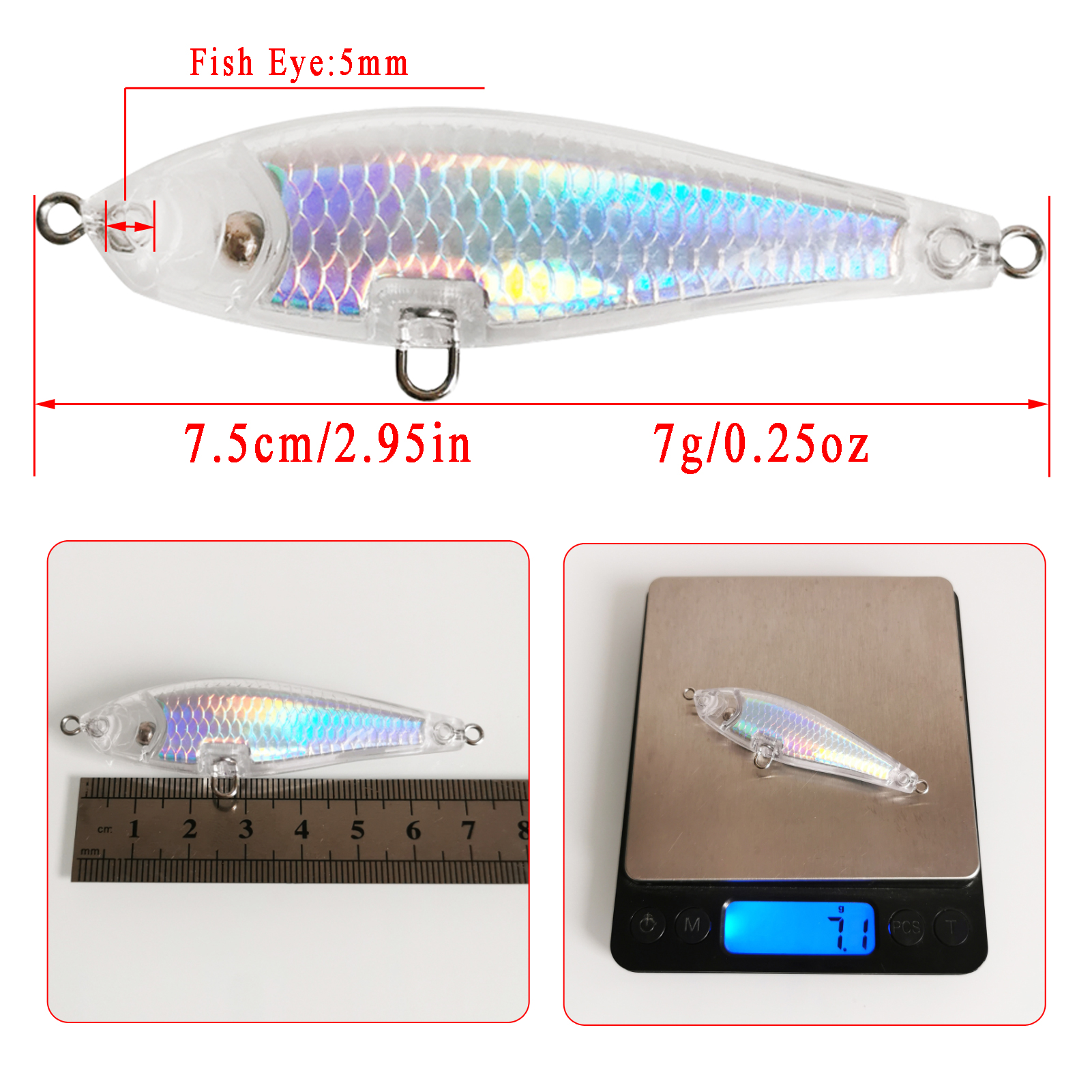 FREE FISHER Fishing Unpainted Lures 20pcs/Lot Laser DIY Blank ABS Holographic Rattles Clear 7.5cm/7g Hard VIB Lures Artificial Crankbaits