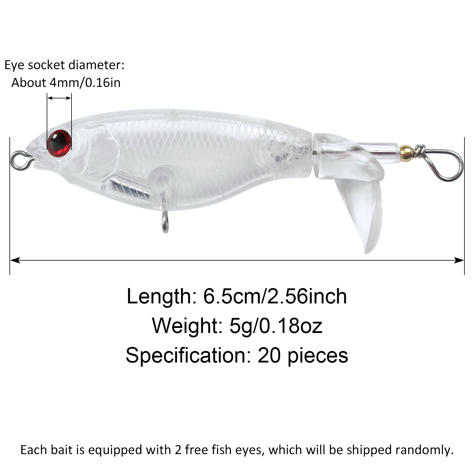 FREE FISHER Unpainted Baist 20pcs/Lot Rotated Tail Splasher Fishing Lures 6.5cm 5g Blanks Baits DIY Clear Lures Topwater Fishing Tackles