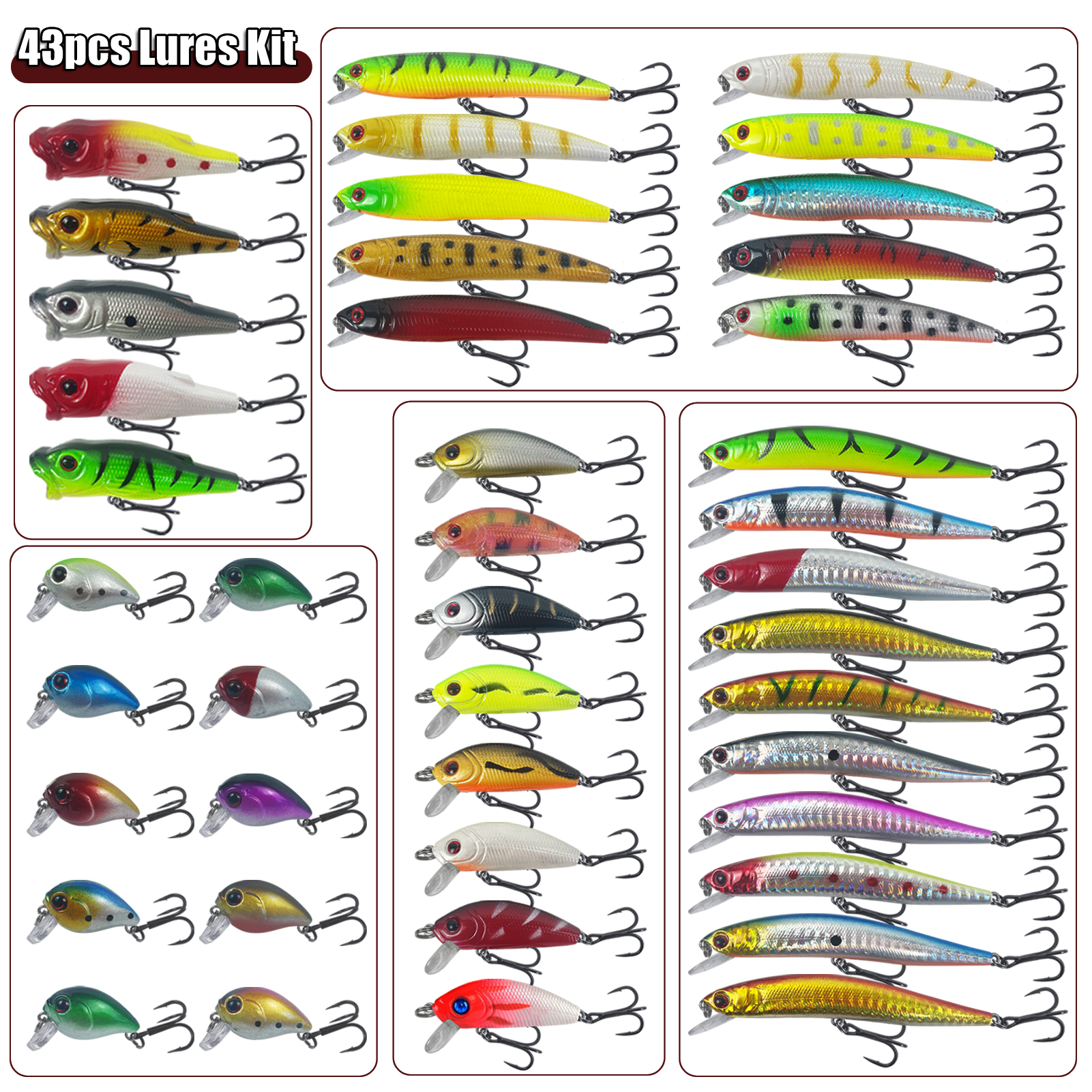 FREE FISHER 43pcs/Lot Fishing Hard Lures Kit,Mixed Minnows,Crankbaits Poppers,Bass Fishing Baits,Simulated Artificial Lures Set