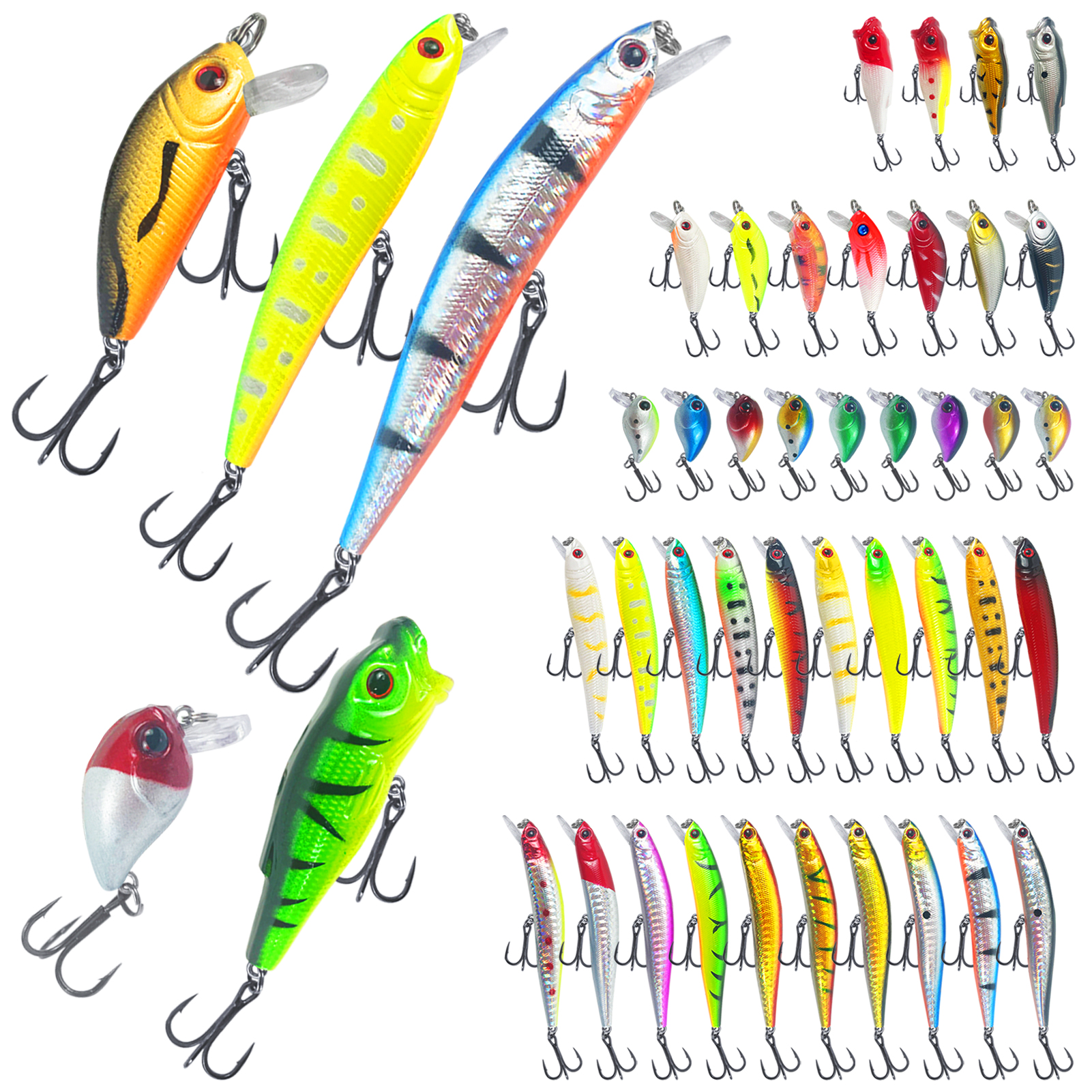 FREE FISHER Fishing Hard Lures Kit,43pcs/Lot Mixed Minnows,Crankbaits Poppers,Bass Fishing Baits,Simulated Artificial Lures Set