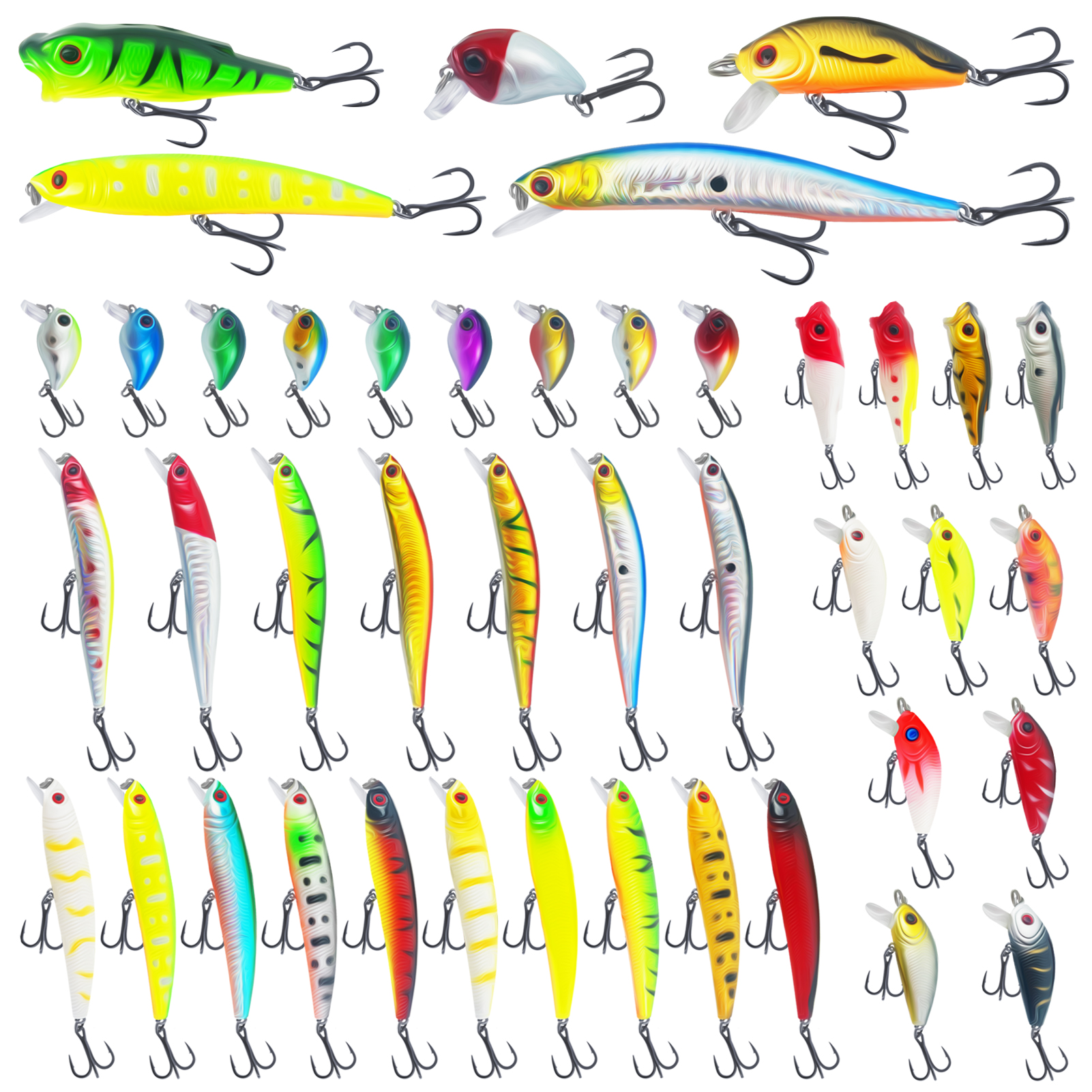 FREE FISHER Fishing Hard Lures Kit,40pcs/Lot Mixed Minnows,Crankbaits Poppers,Bass Fishing Baits,Simulated Artificial Lures Set
