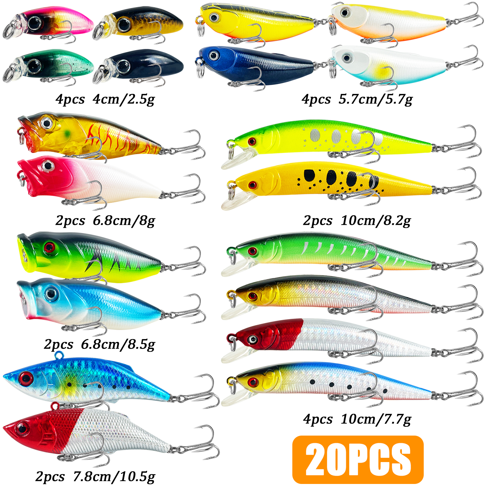 FREE FISHER 20pcs Freshwater Hard Baits Kit,Minnows Poppers,VIB Pencil Lures,Bass Fishing Baits,Simulated Artificial Lures Set