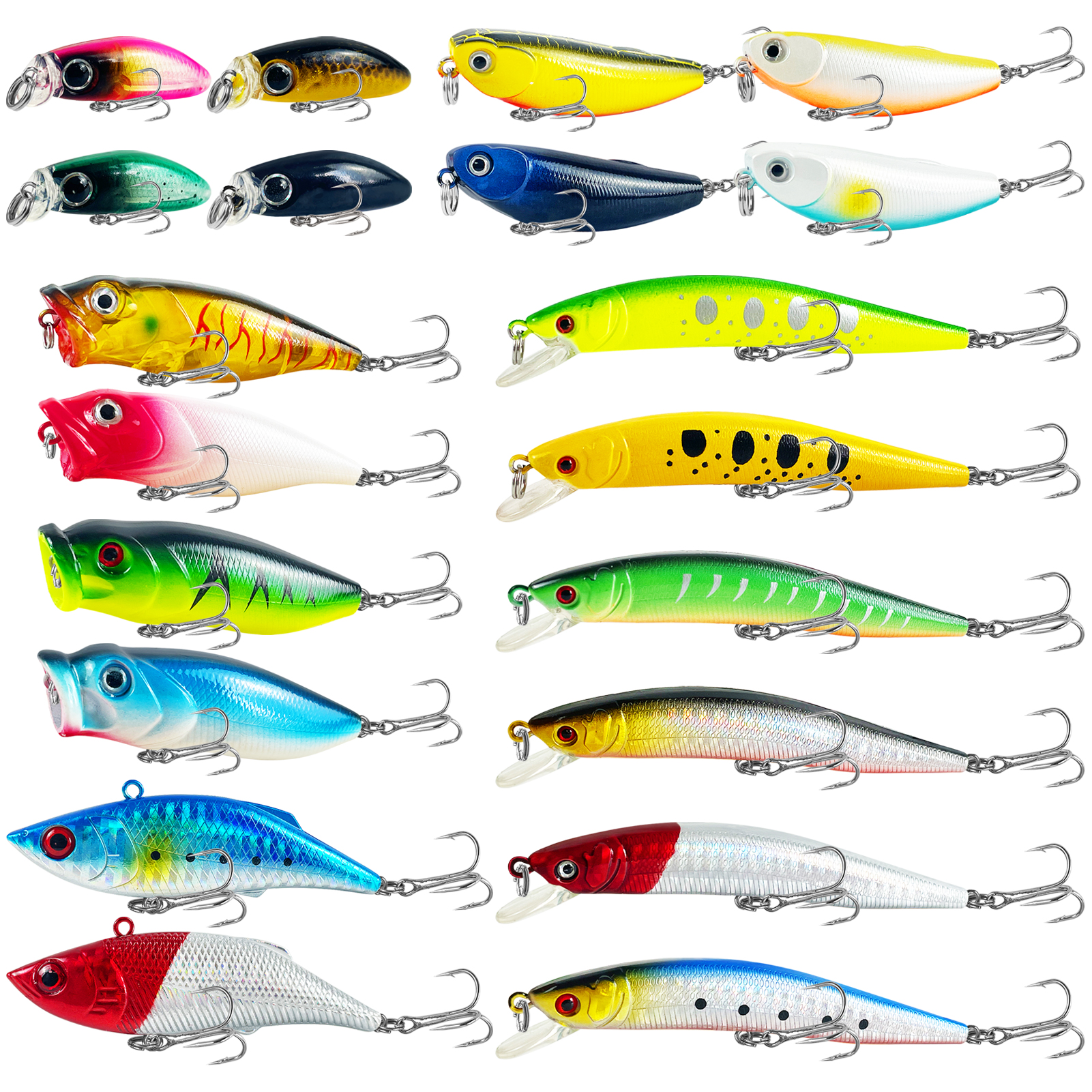 FREE FISHER 20pcs Freshwater Hard Baits Kit,Minnows Poppers,VIB Pencil Lures,Bass Fishing Baits,Simulated Artificial Lures Set