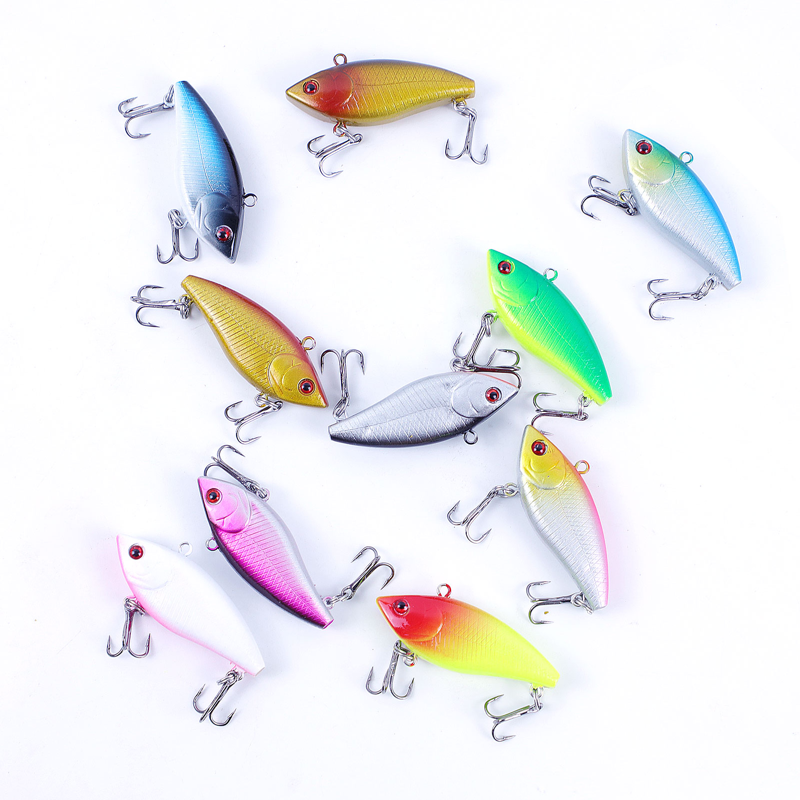 FREE FISHER 10pcs/Lot Fishing VIB Lures,Hard Vibration Lures,Swimbaits with Treble Hook 3D Eyes Artificial Baits for Bass Trout