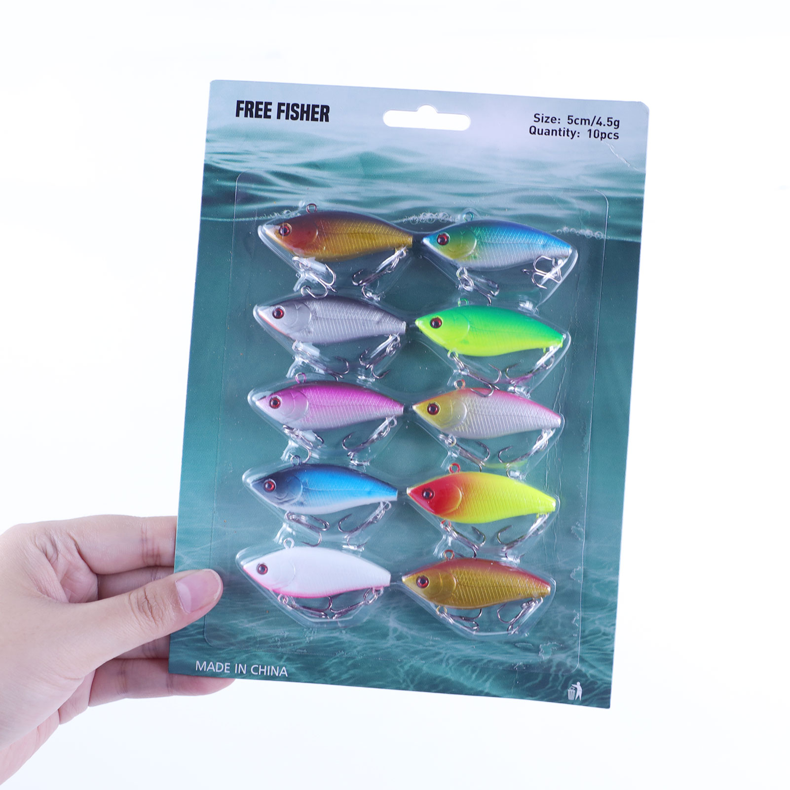 FREE FISHER 10pcs/Lot Fishing VIB Lures,Hard Vibration Lures,Swimbaits with Treble Hook 3D Eyes Artificial Baits for Bass Trout