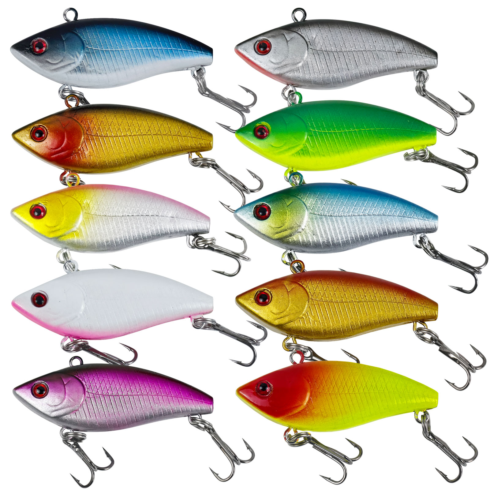 FREE FISHER 10pcs/Lot Fishing VIB Lures,Hard Vibration Lures,Swimbaits with Treble Hook 3D Eyes Artificial Baits for Bass Trout