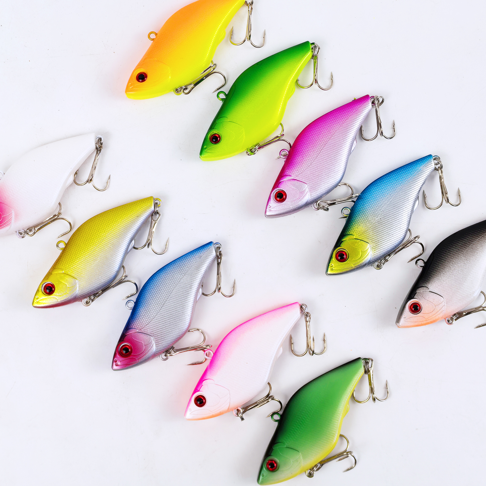 FREE FISHER 10pcs/Lot Fishing VIB Lures,Hard Vibration Lures,Swimbaits with Treble Hook 3D Eyes Artificial Baits for Bass Trout