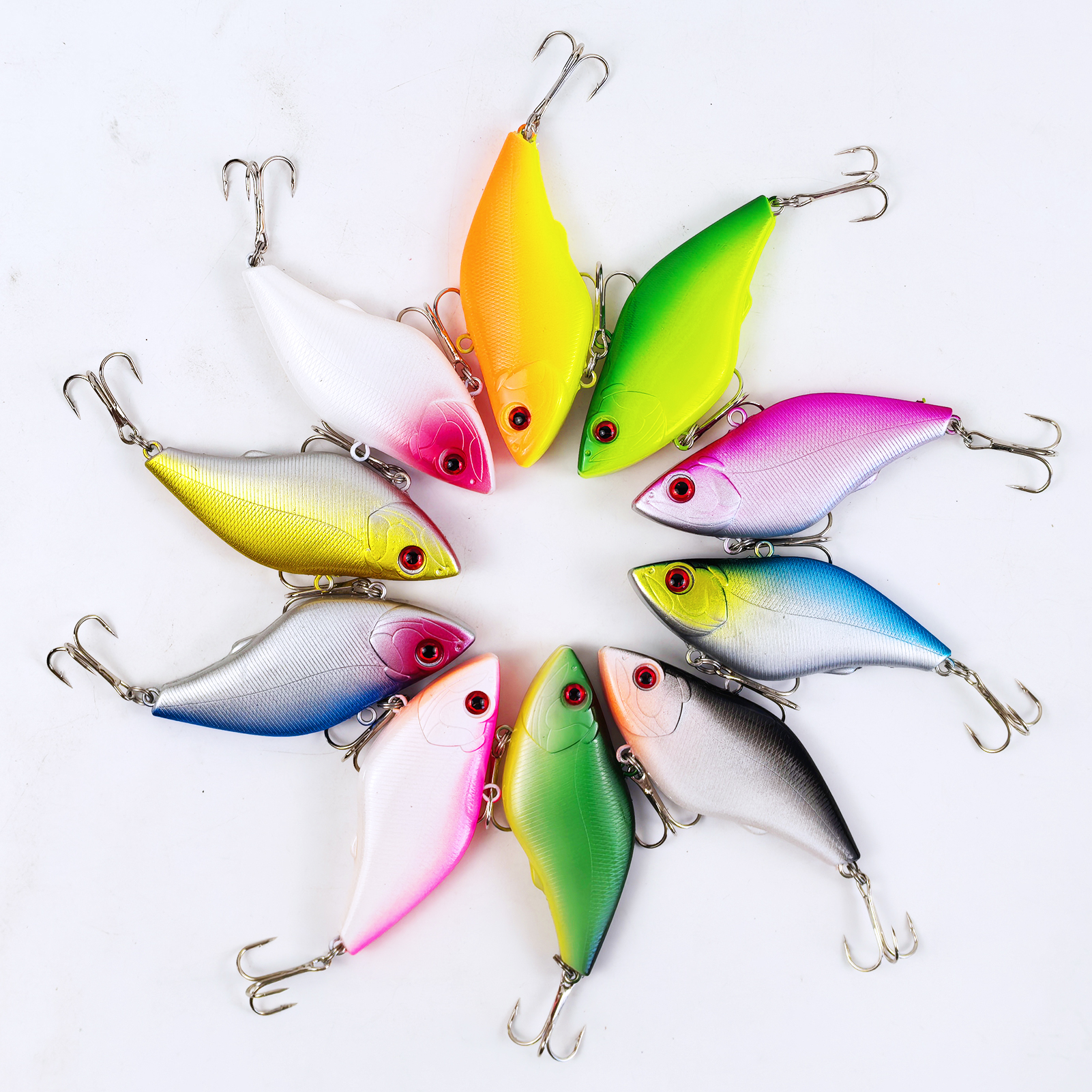 FREE FISHER 10pcs/Lot Fishing VIB Lures,Hard Vibration Lures,Swimbaits with Treble Hook 3D Eyes Artificial Baits for Bass Trout