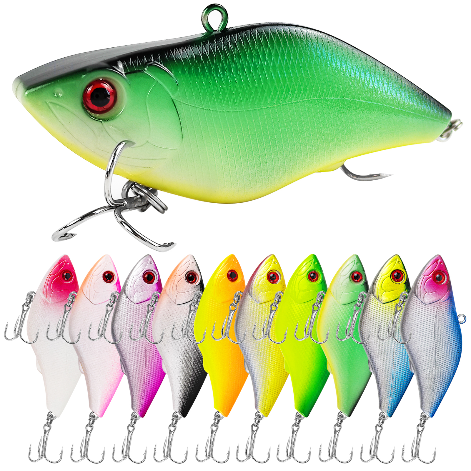 FREE FISHER 10pcs/Lot Fishing VIB Lures,Hard Vibration Lures,Swimbaits with Treble Hook 3D Eyes Artificial Baits for Bass Trout